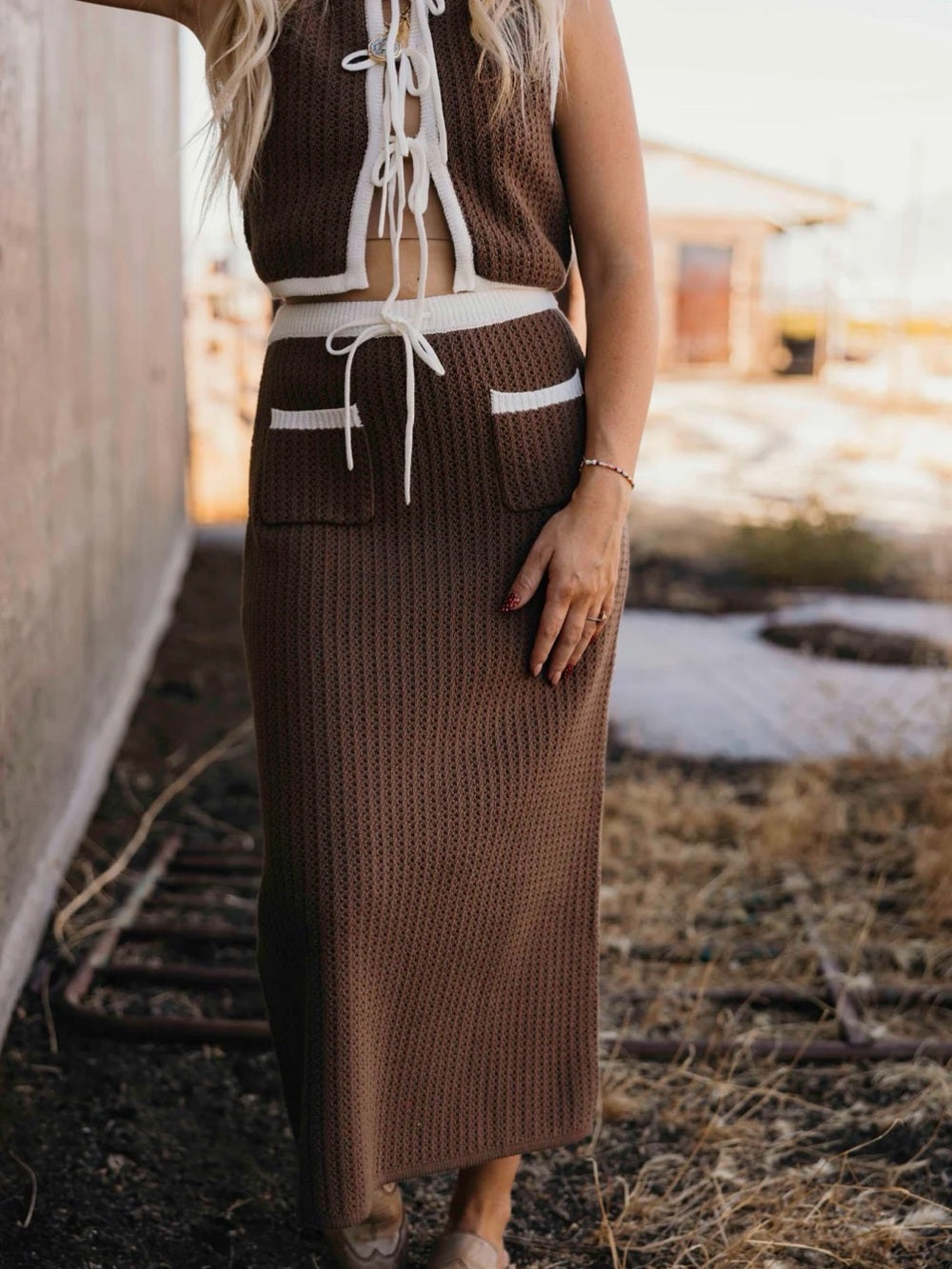 A730. Brown Knit Maxi Skirt & Vest Set with Contrast Trim