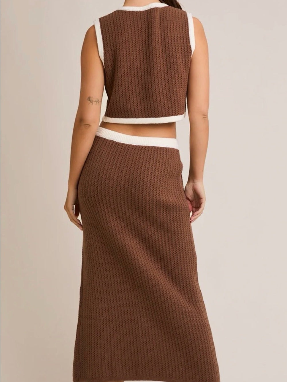A730. Brown Knit Maxi Skirt & Vest Set with Contrast Trim