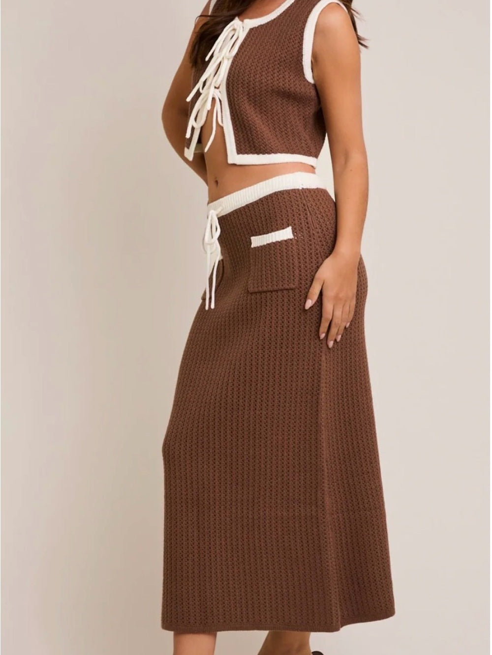 A730. Brown Knit Maxi Skirt & Vest Set with Contrast Trim