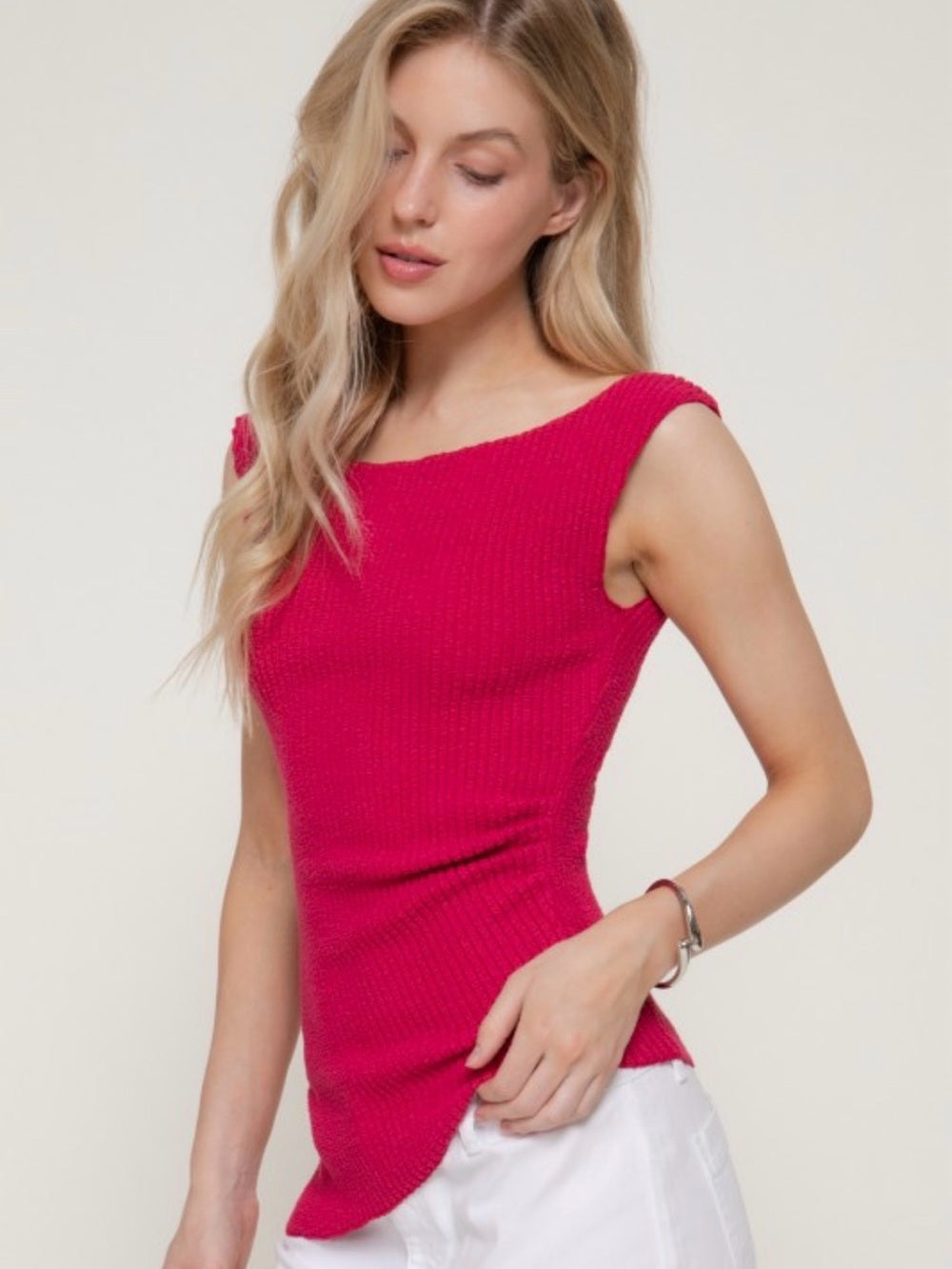 A731. Sleeveless One-Shoulder Knit Top in Hot Pink
