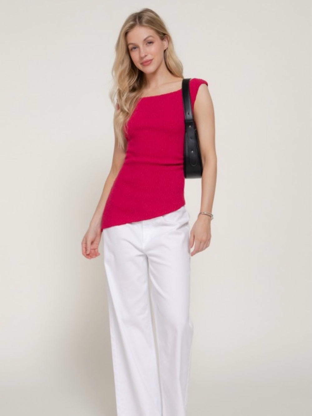 A731. Sleeveless One-Shoulder Knit Top in Hot Pink