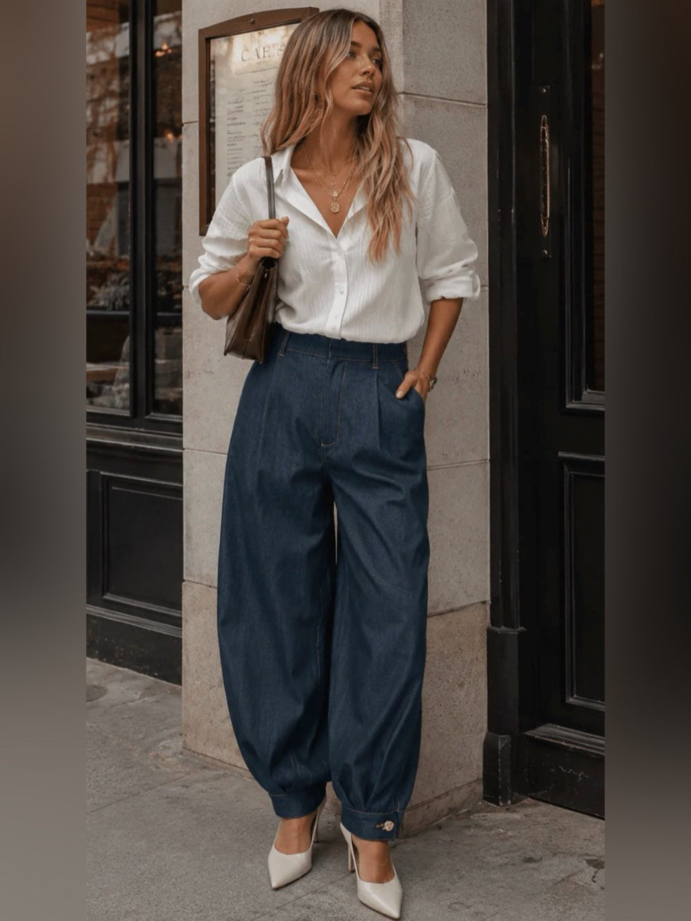 A732. High-Waist Wide Balloon Leg Denim Pants in Navy
