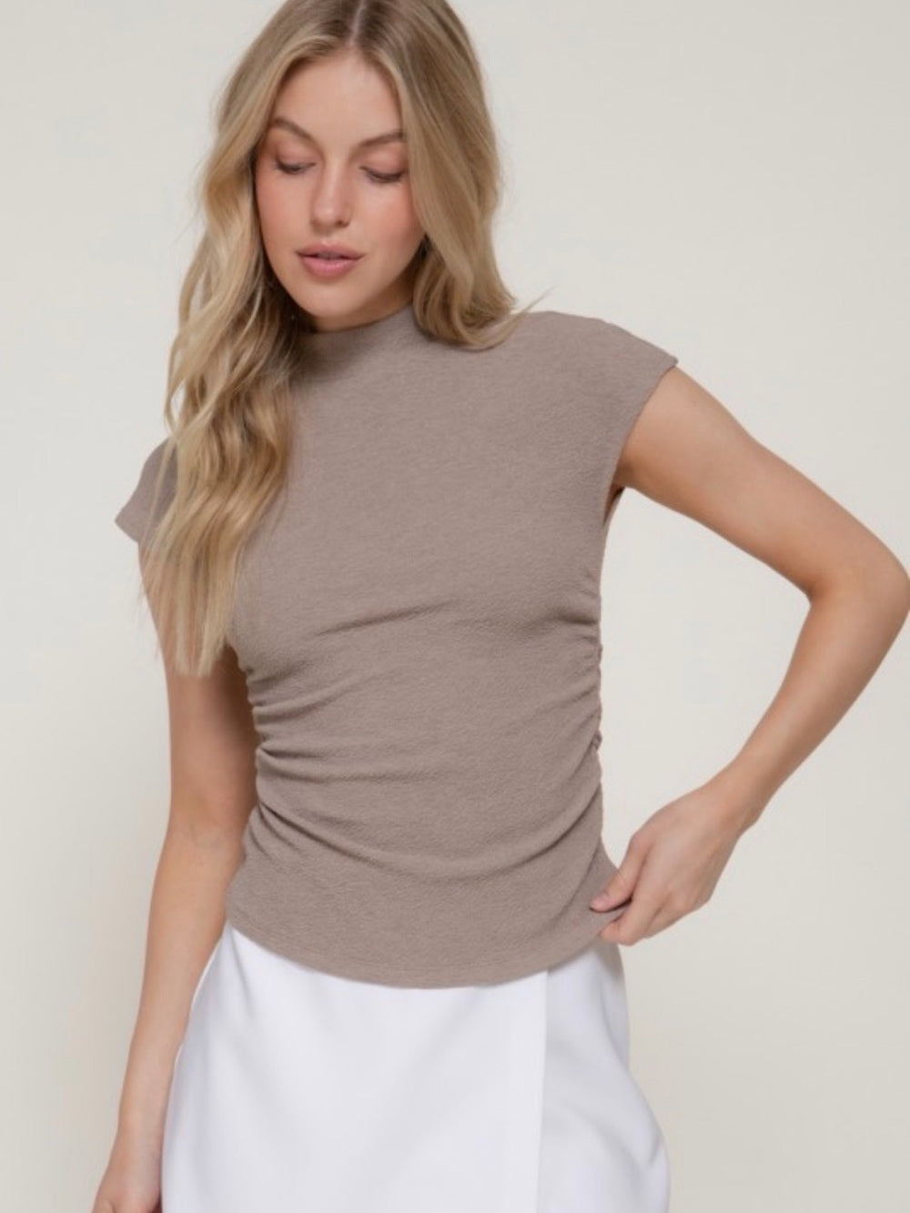 A733. Short Sleeve Mock Neck Top in Taupe