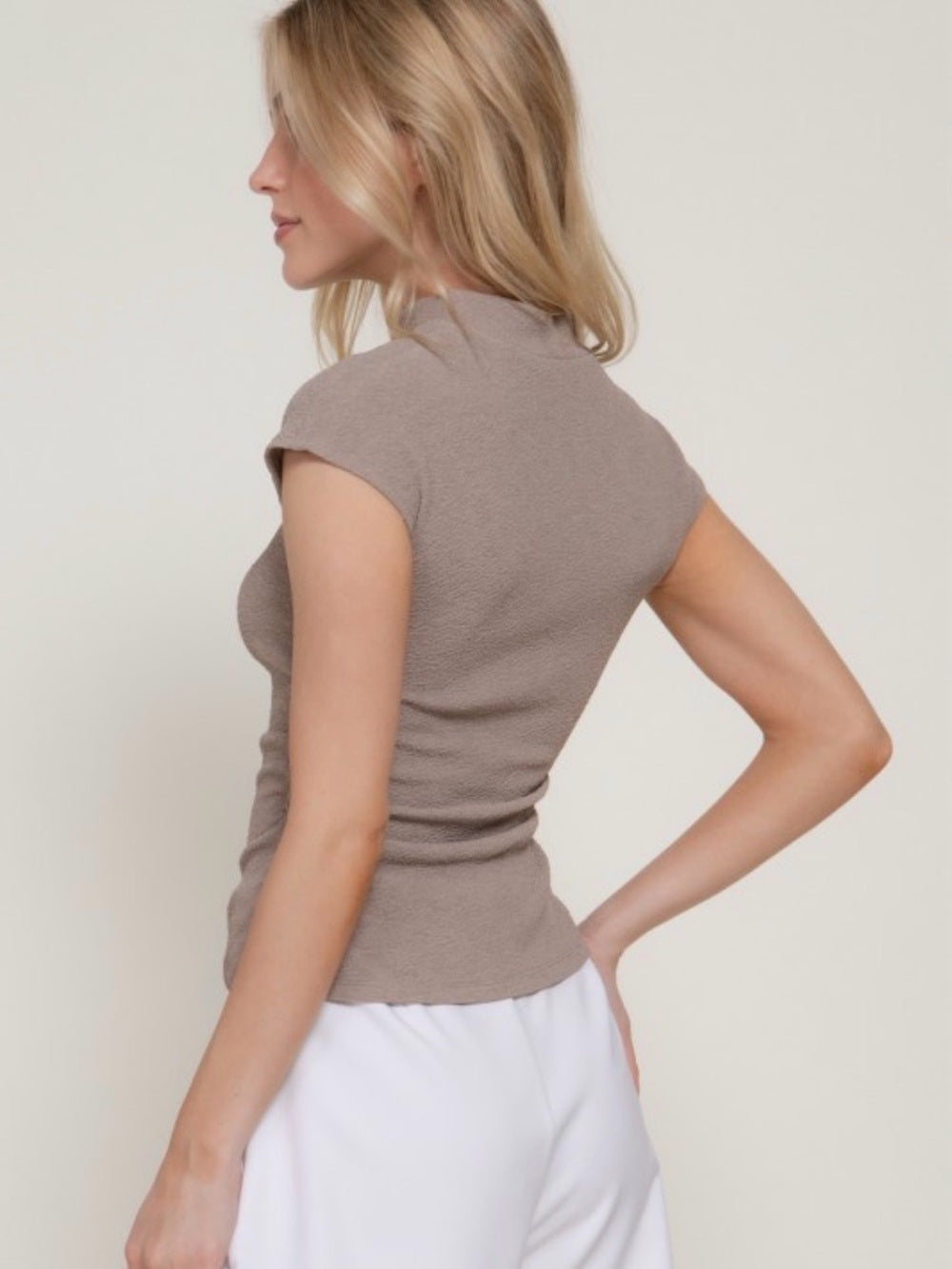 A733. Short Sleeve Mock Neck Top in Taupe