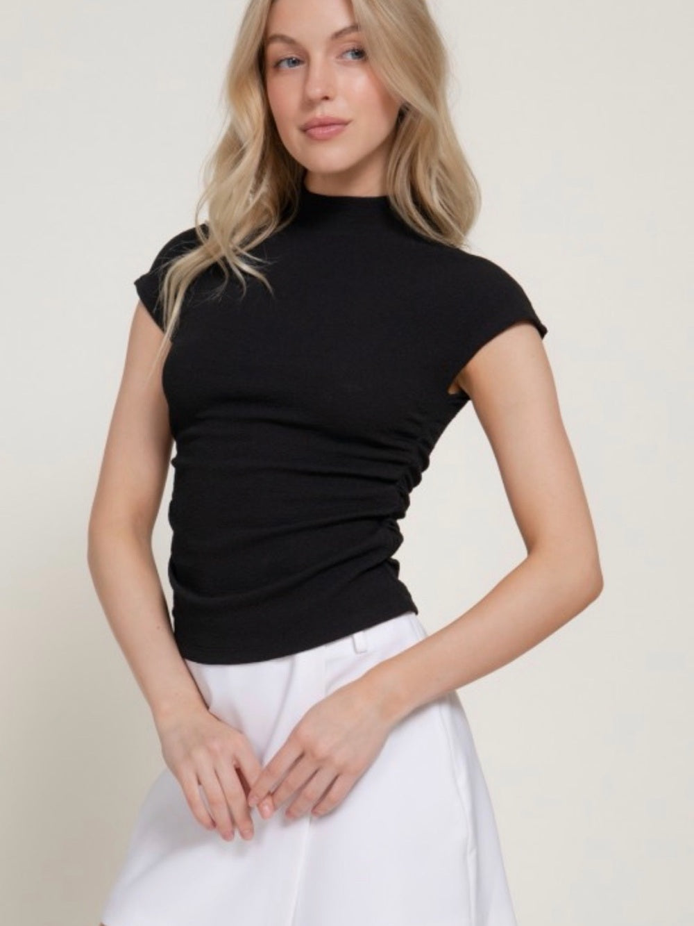 A735. Black Mock Neck Short Sleeve Top