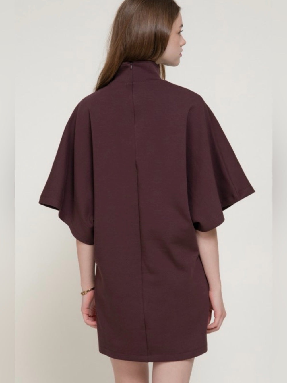 A736. Flutter Sleeve Mock Neck Dress in Deep Plum