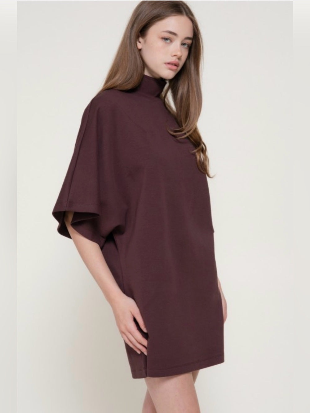 A736. Flutter Sleeve Mock Neck Dress in Deep Plum