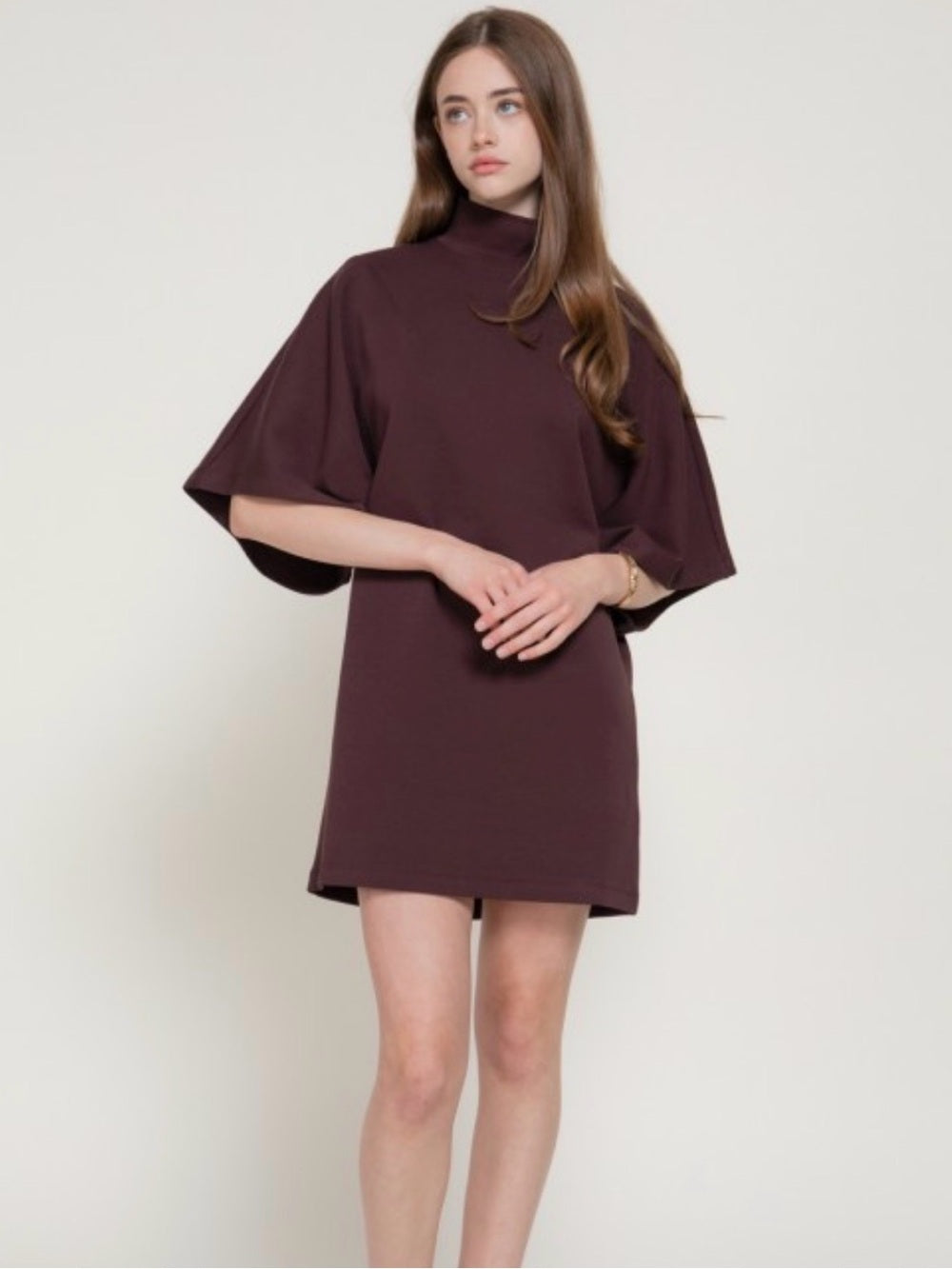 A736. Flutter Sleeve Mock Neck Dress in Deep Plum