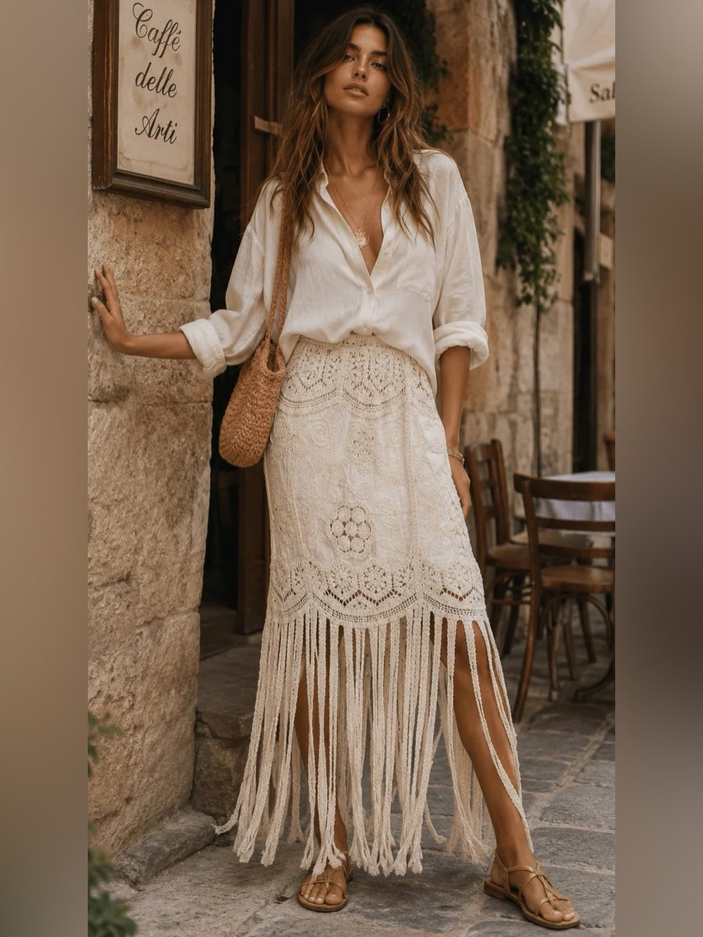 Bohemian Crochet Fringe Maxi Skirt in Cream