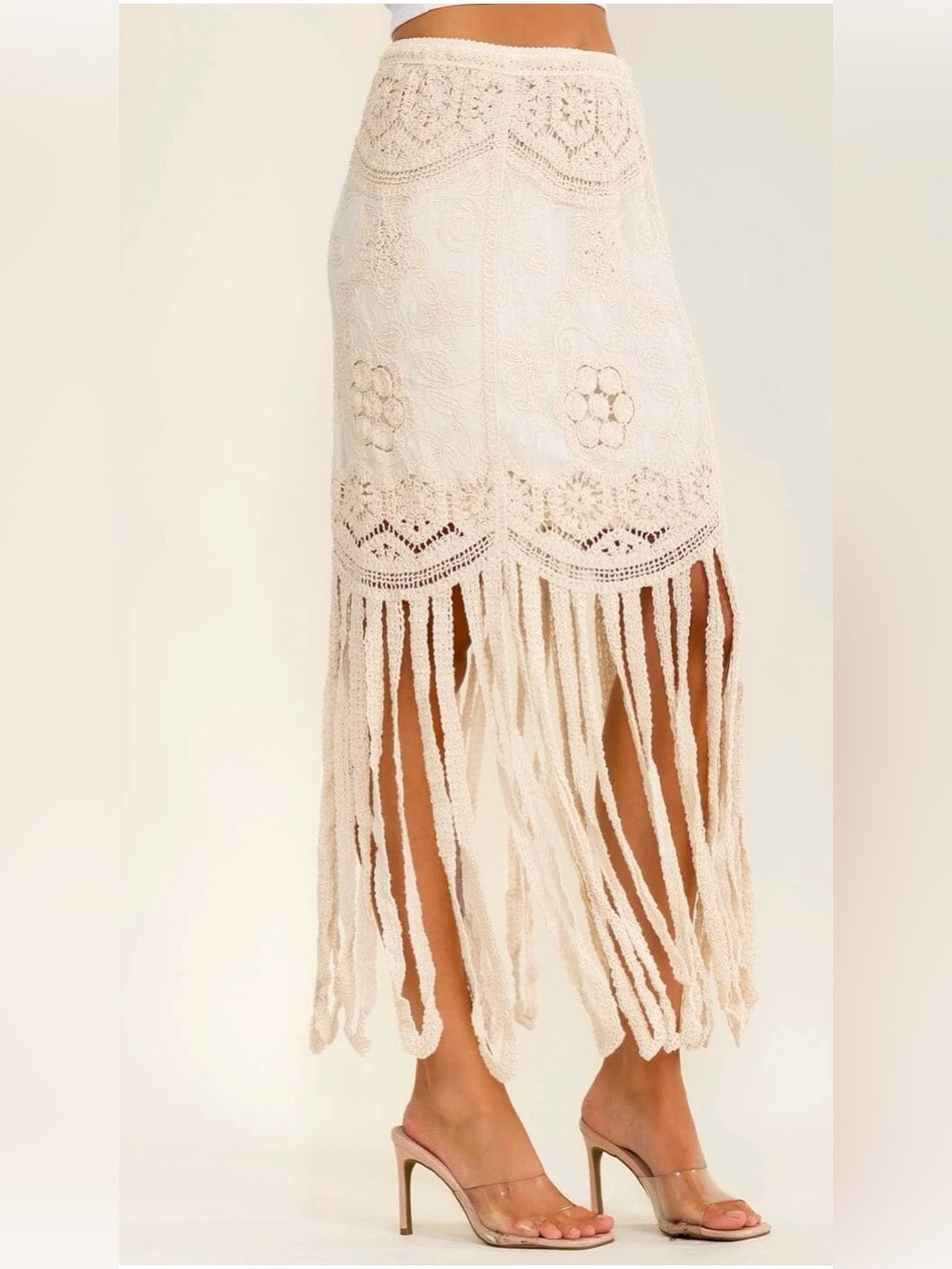 Bohemian Crochet Fringe Maxi Skirt in Cream