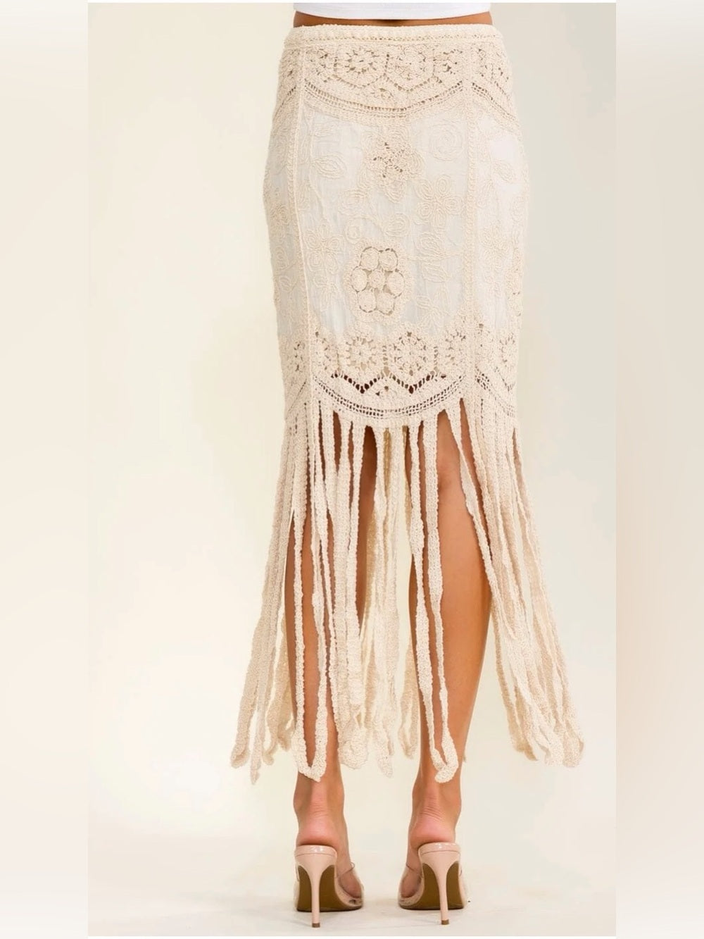 Bohemian Crochet Fringe Maxi Skirt in Cream