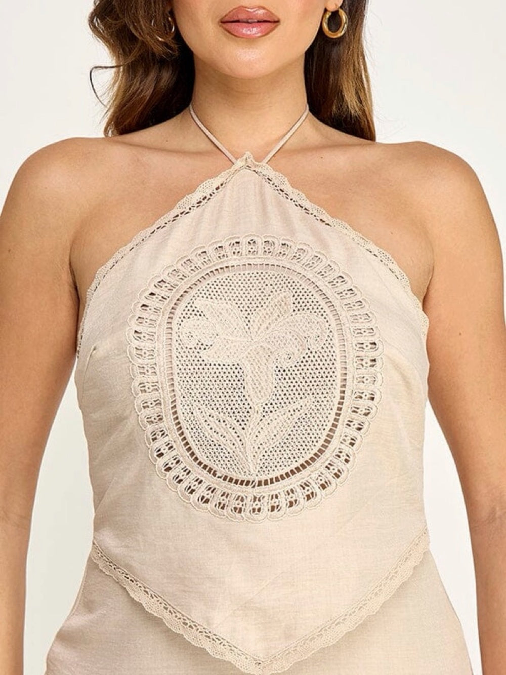 A737. Bohemian Crochet Halter Midi Dress - Cream