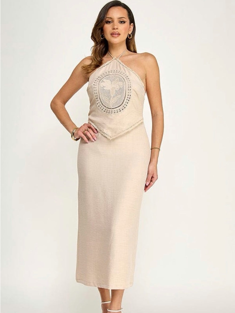 A737. Bohemian Crochet Halter Midi Dress - Cream
