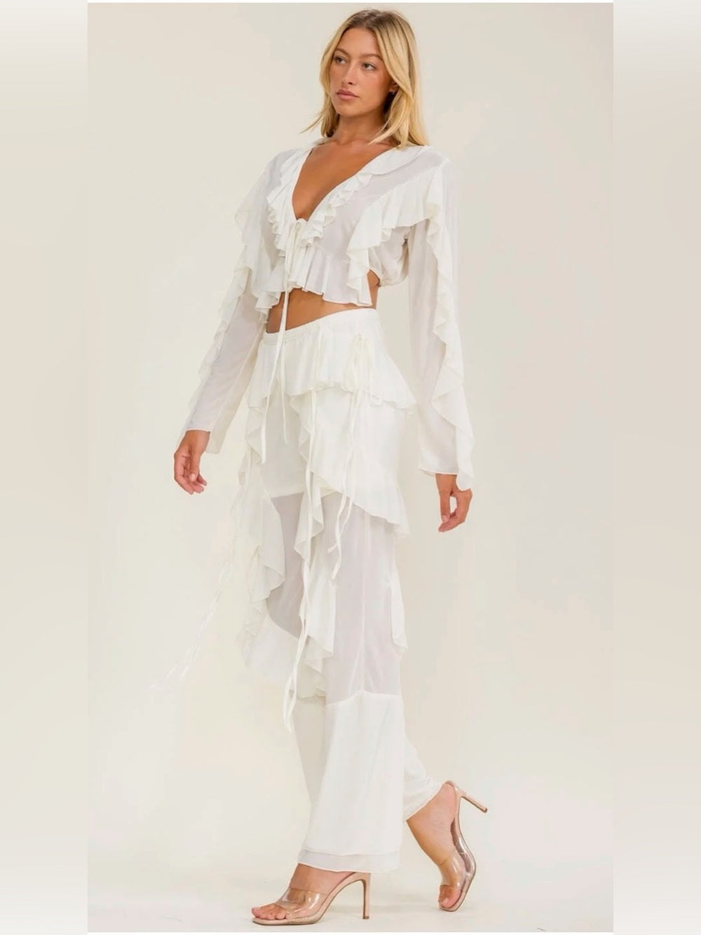 A741. White Ruffled Sheer Two-Piece Set
