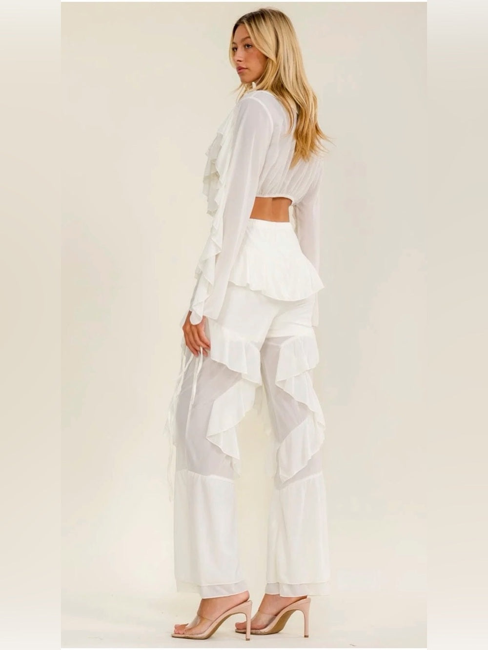 A741. White Ruffled Sheer Two-Piece Set