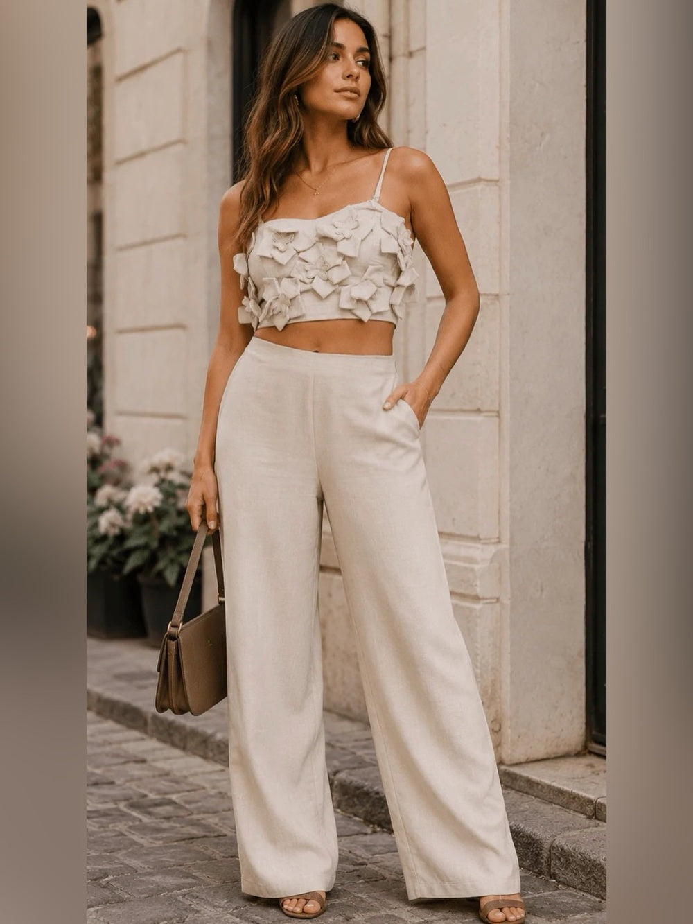 A742. Beige Wide-Leg Pants & Top Set