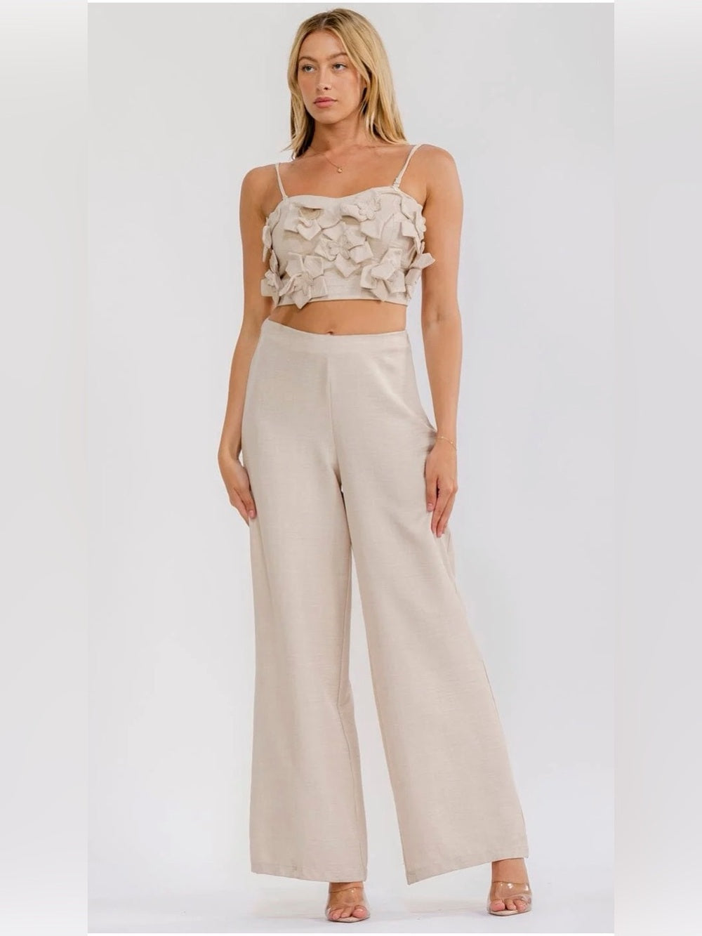 A742. Beige Wide-Leg Pants & Top Set