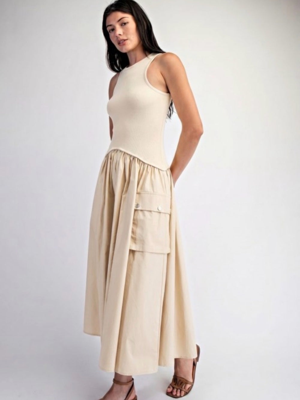 A743. Neutral Cream Maxi Dress with Side Pocket