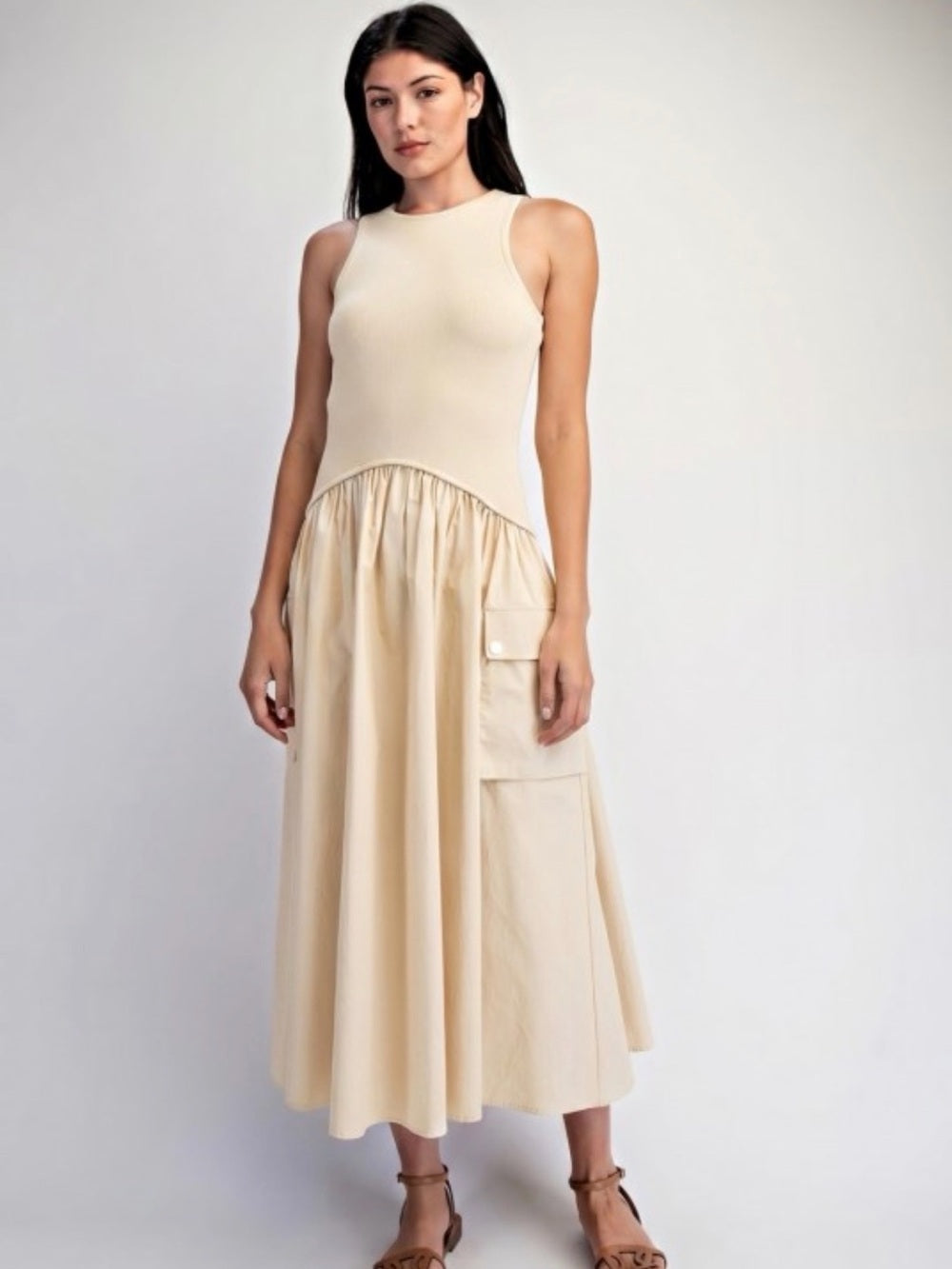 A743. Neutral Cream Maxi Dress with Side Pocket