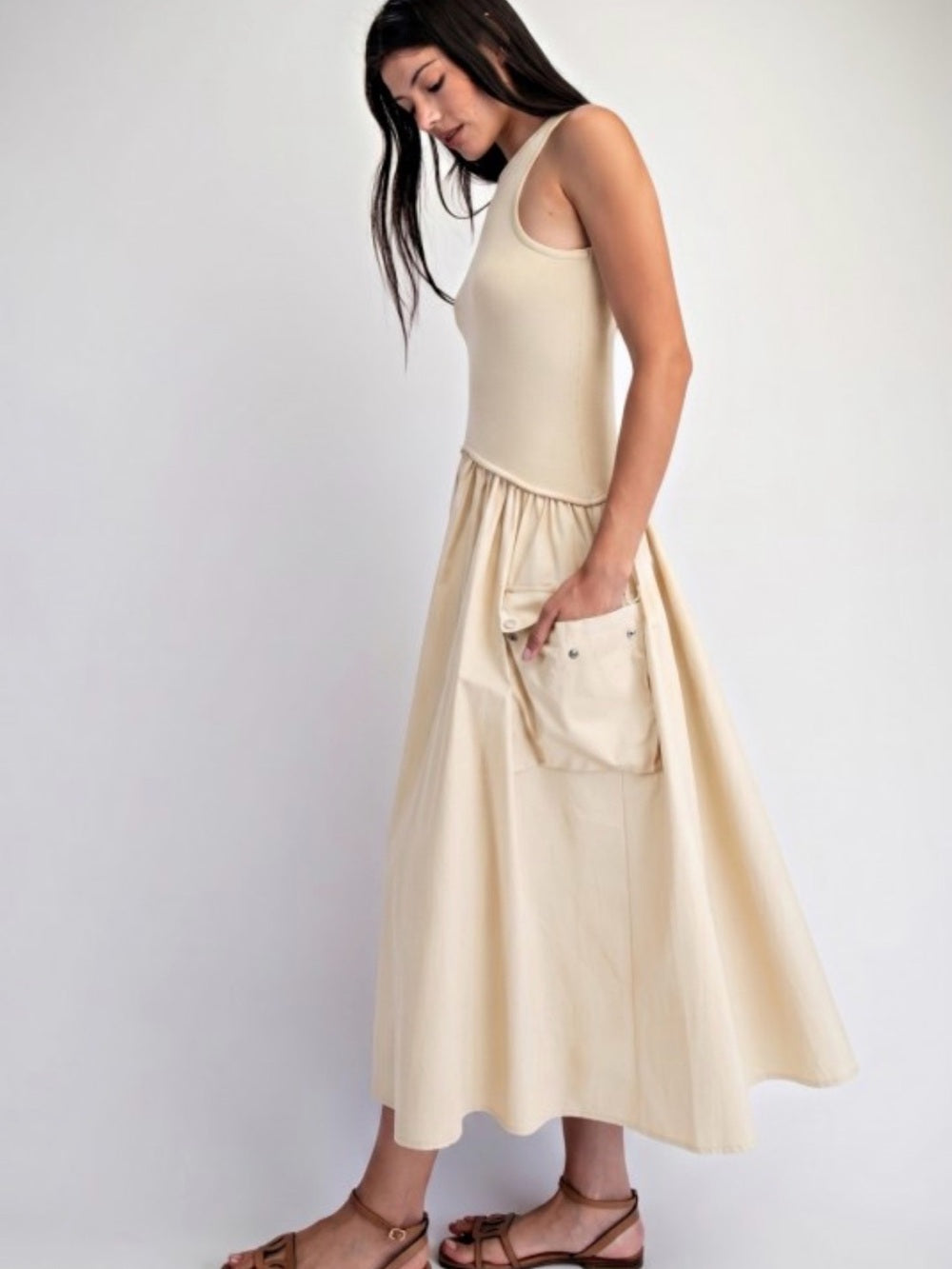 A743. Neutral Cream Maxi Dress with Side Pocket