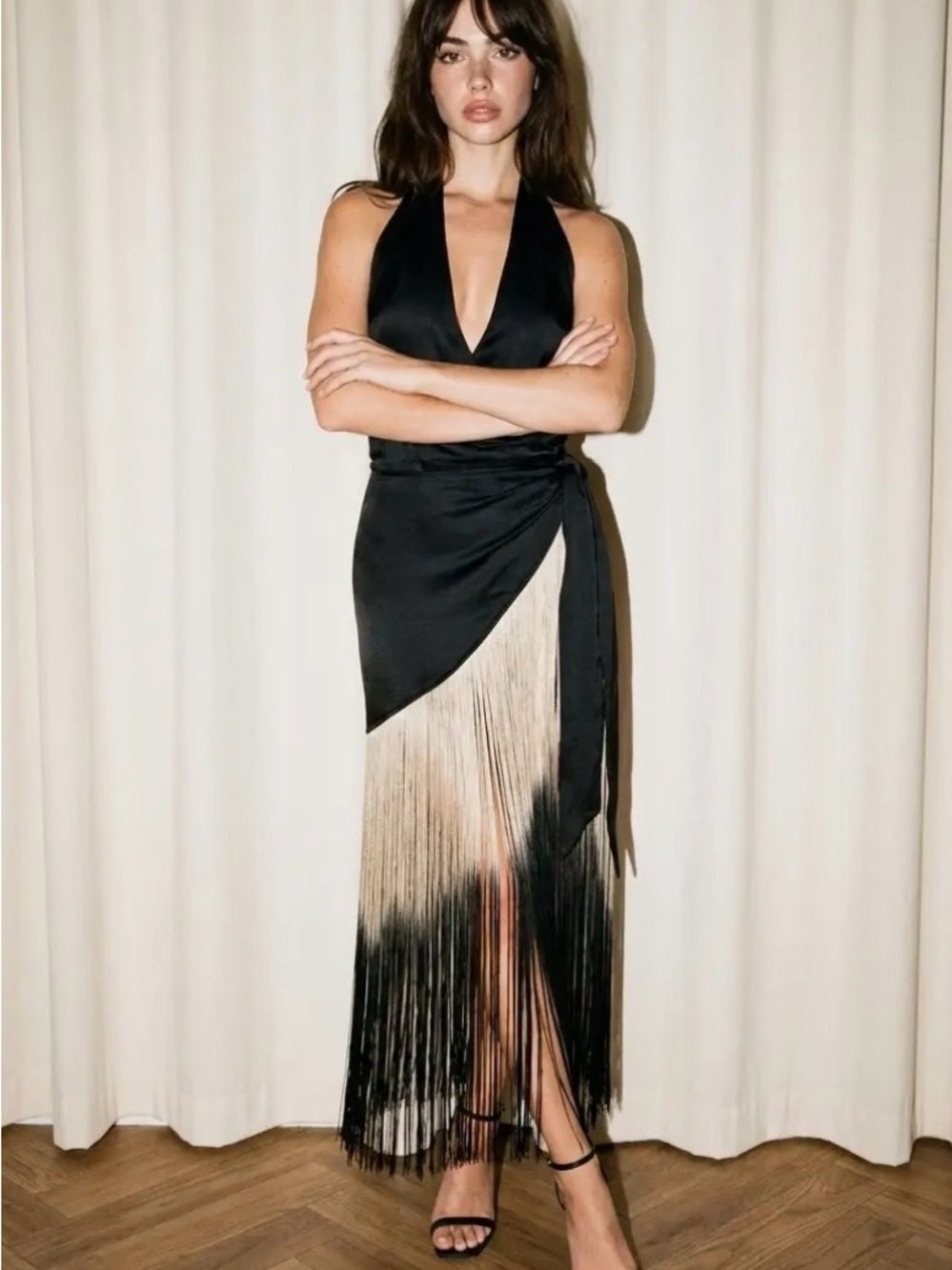 A745. Black Ombré Fringe-Hem Halter Wrap Dress