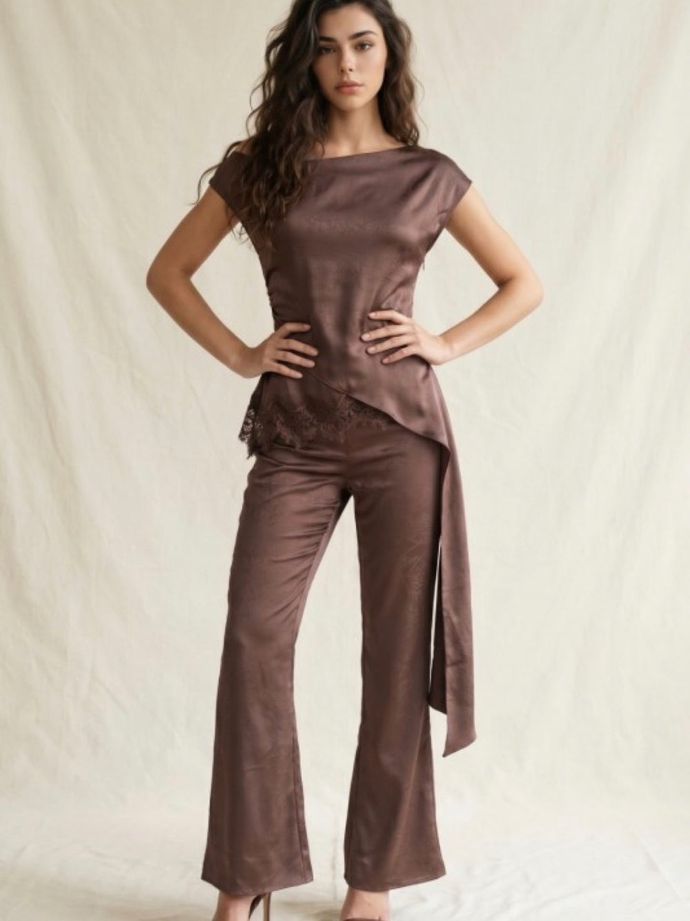 A746. Satin & Lace Asymmetric Waist Tie Pantsuit Set - Brown