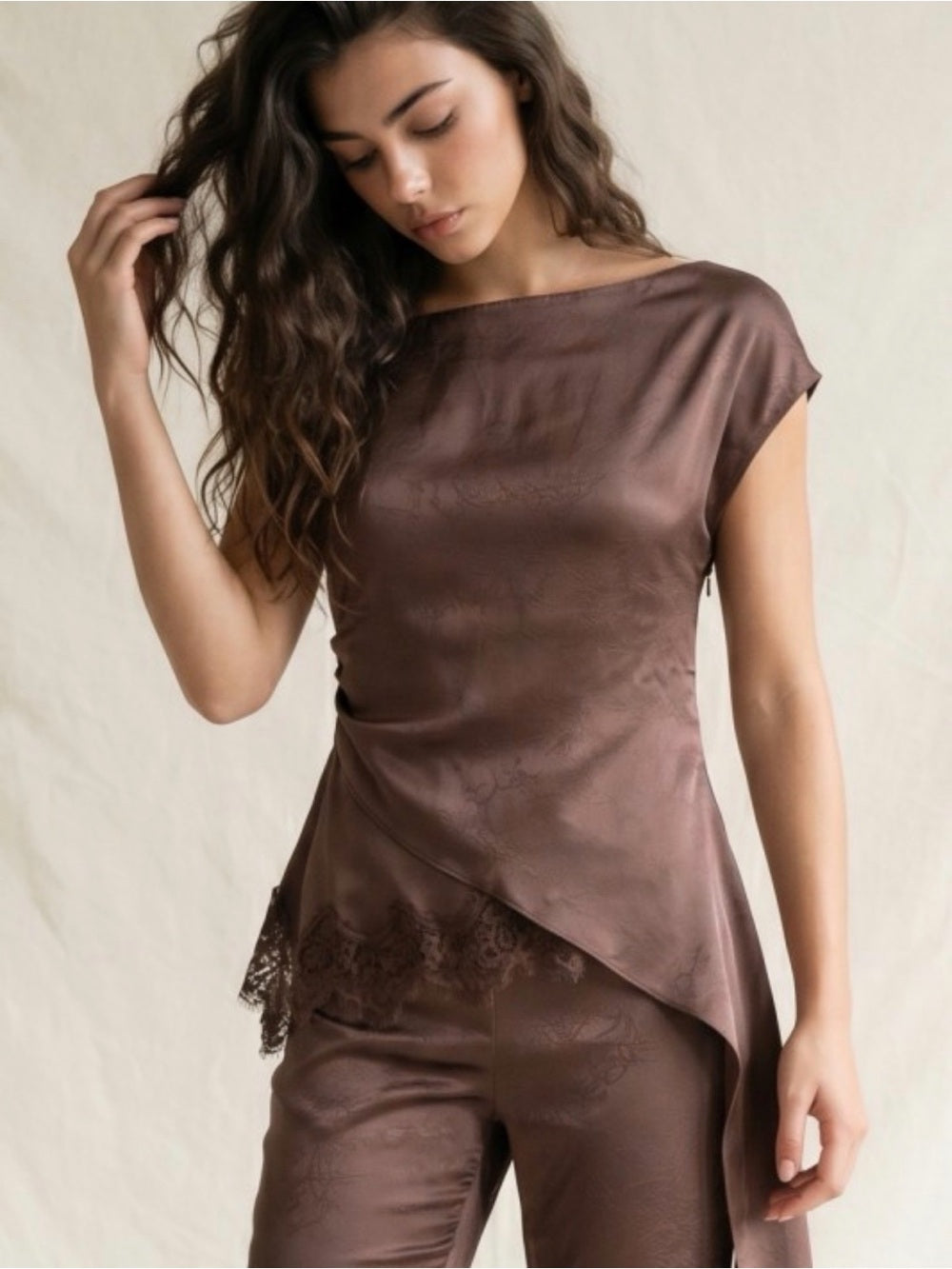 A746. Satin & Lace Asymmetric Waist Tie Pantsuit Set - Brown