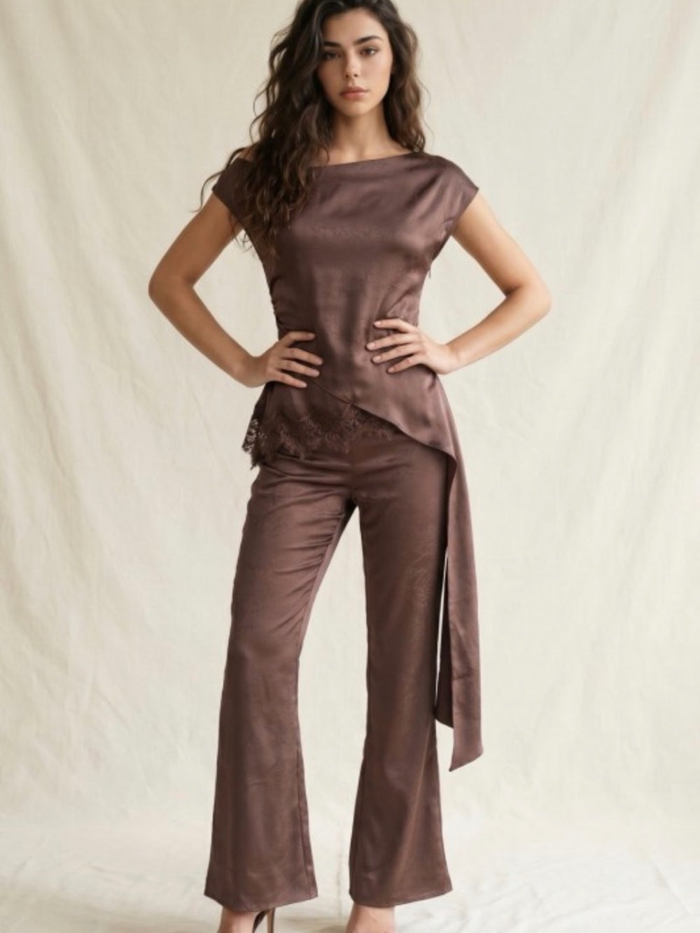 A746. Satin & Lace Asymmetric Waist Tie Pantsuit Set - Brown