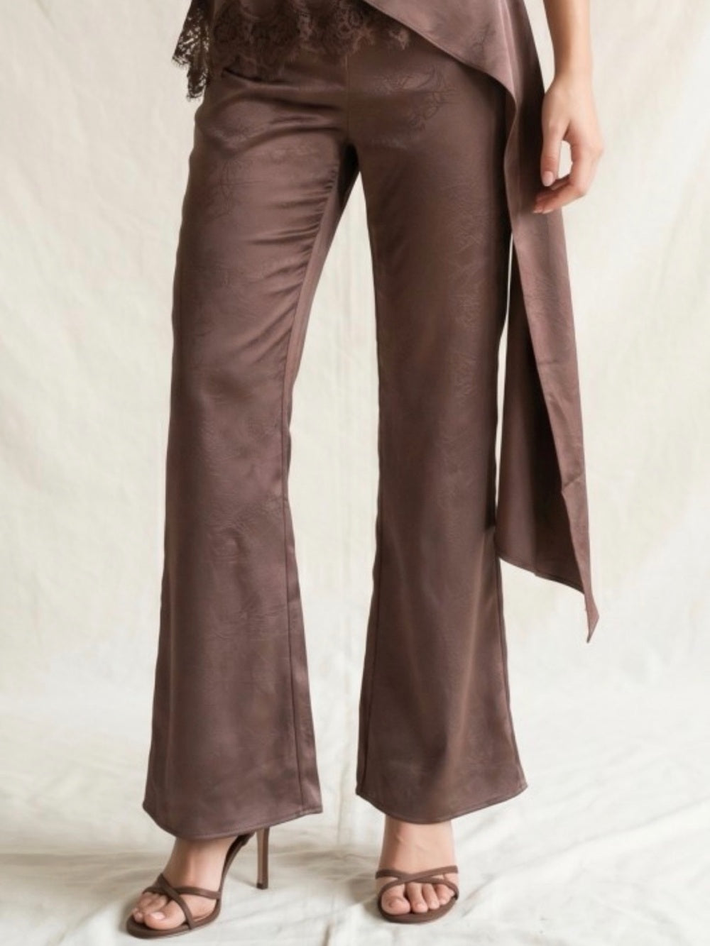 A746. Satin & Lace Asymmetric Waist Tie Pantsuit Set - Brown