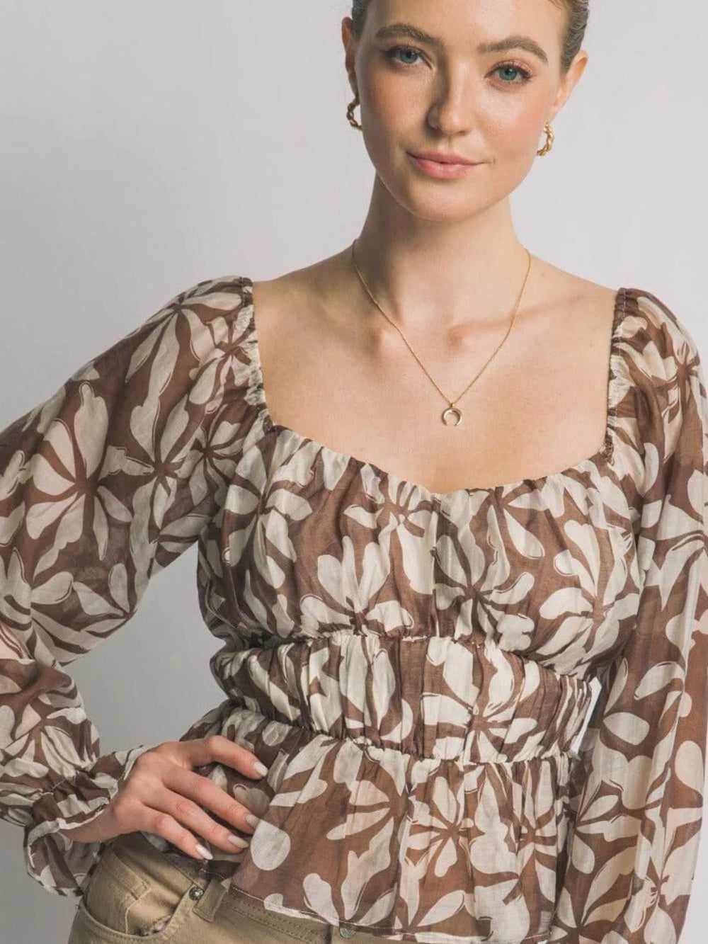 Square-Neck Floral Smocked Peplum Top in Brown and Cream