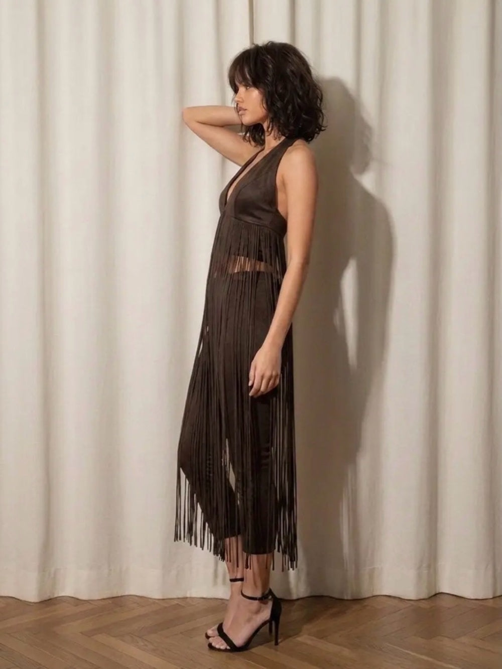 A478. Faux Suede Fringed Halter Midi Dress-Top and Capri Pants  in Dark Brown