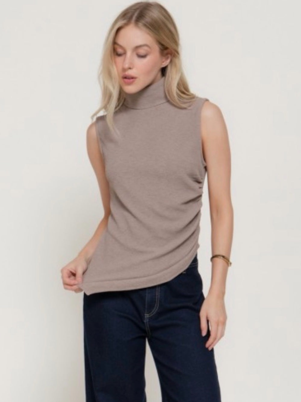 A479. Sleeveless Turtleneck Top in Taupe