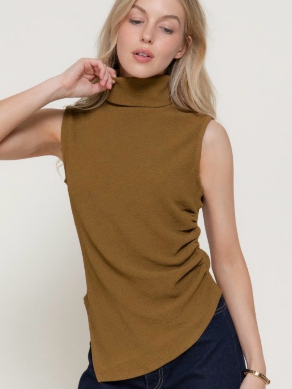 A480. Sleeveless Olive Turtleneck Top