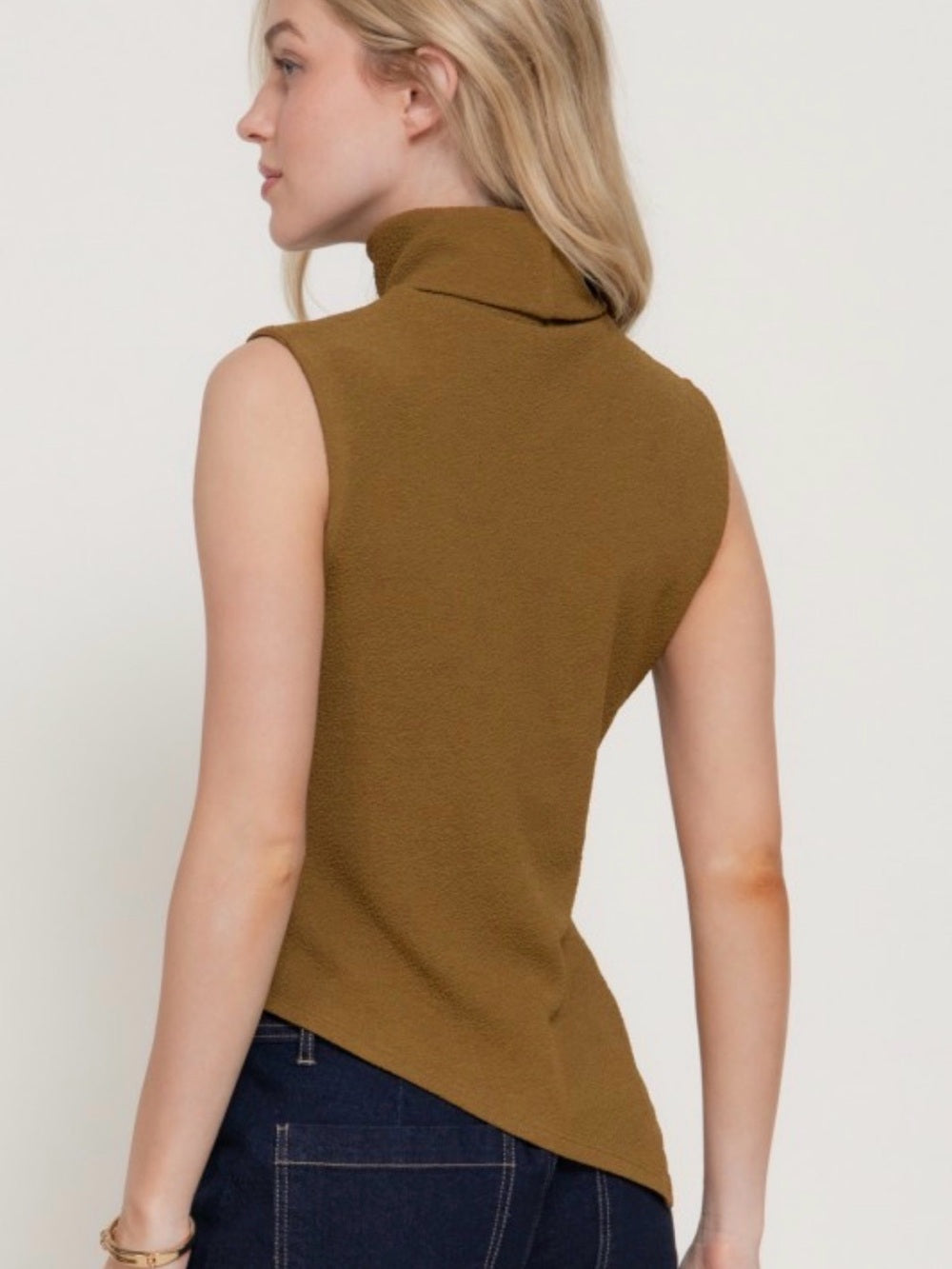 A480. Sleeveless Olive Turtleneck Top