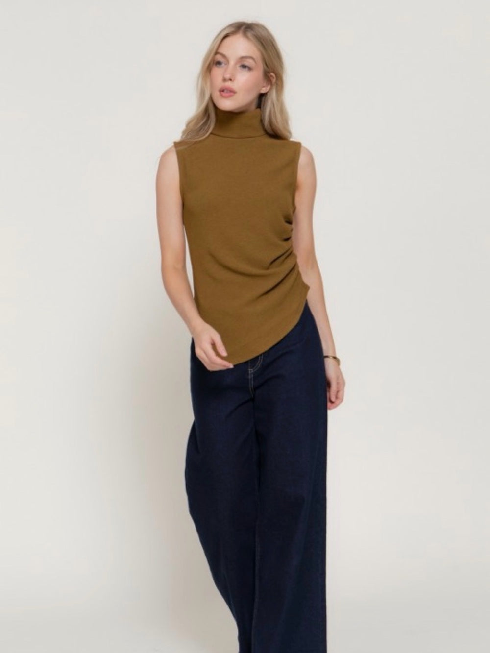 A480. Sleeveless Olive Turtleneck Top