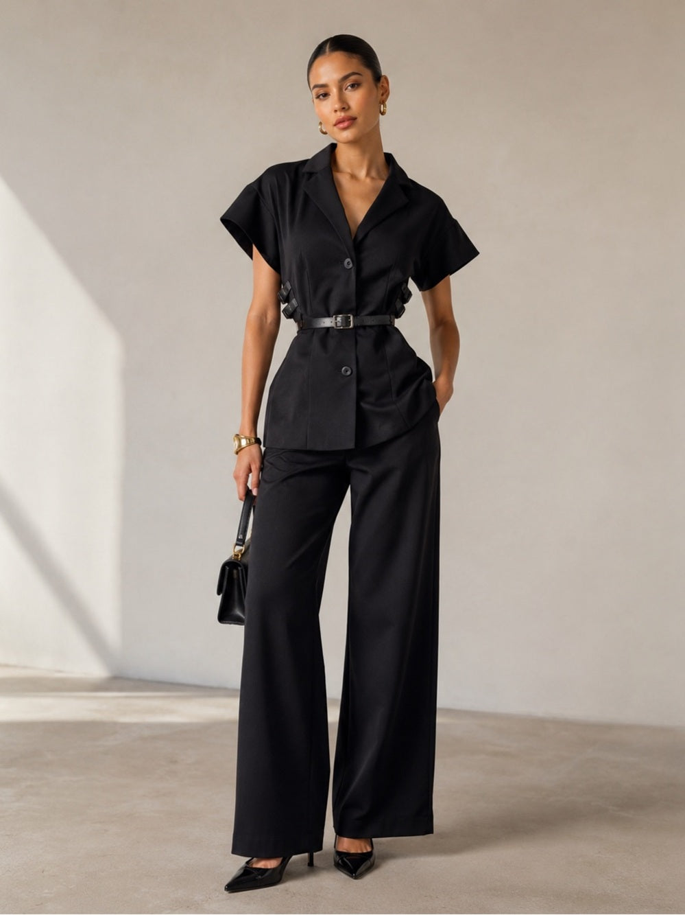 A481. Black Wide-Leg Pant & Short Sleeve Belted Top with Waist Belt
