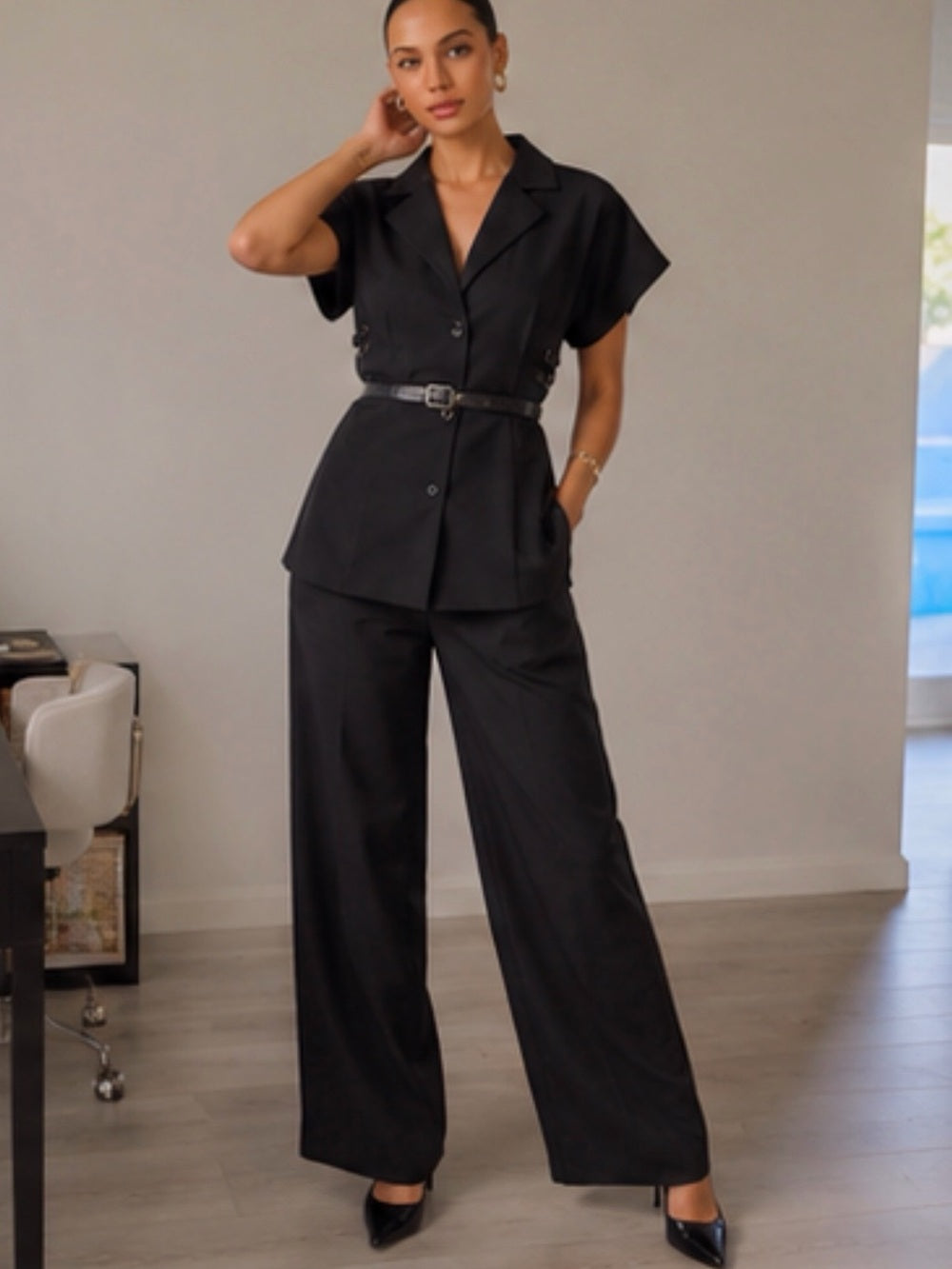 A481. Black Wide-Leg Pant & Short Sleeve Belted Top with Waist Belt