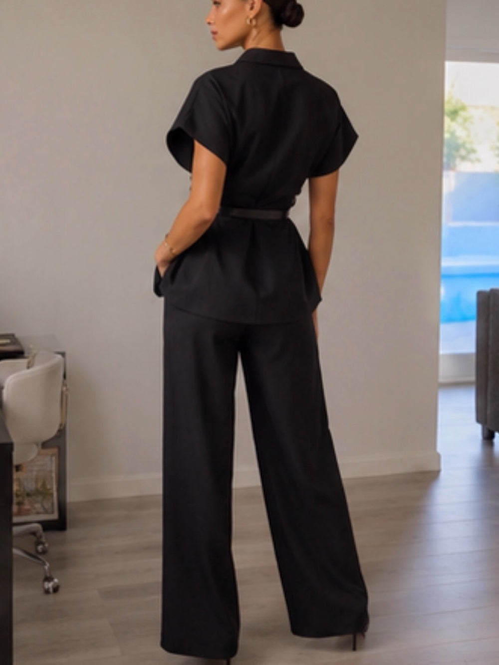 A481. Black Wide-Leg Pant & Short Sleeve Belted Top with Waist Belt
