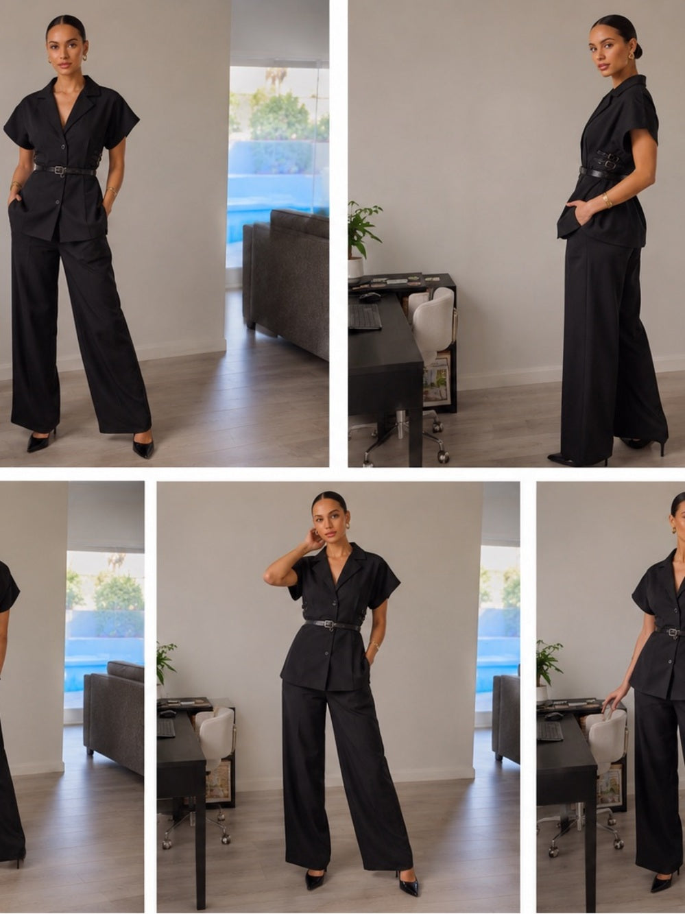 A481. Black Wide-Leg Pant & Short Sleeve Belted Top with Waist Belt