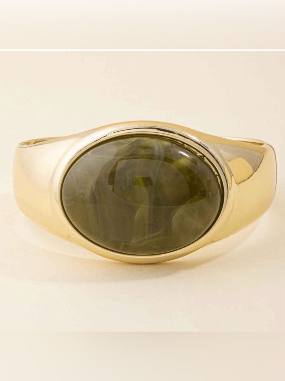 A483. Cuff Bracelet  with Oval Olive Green Stone