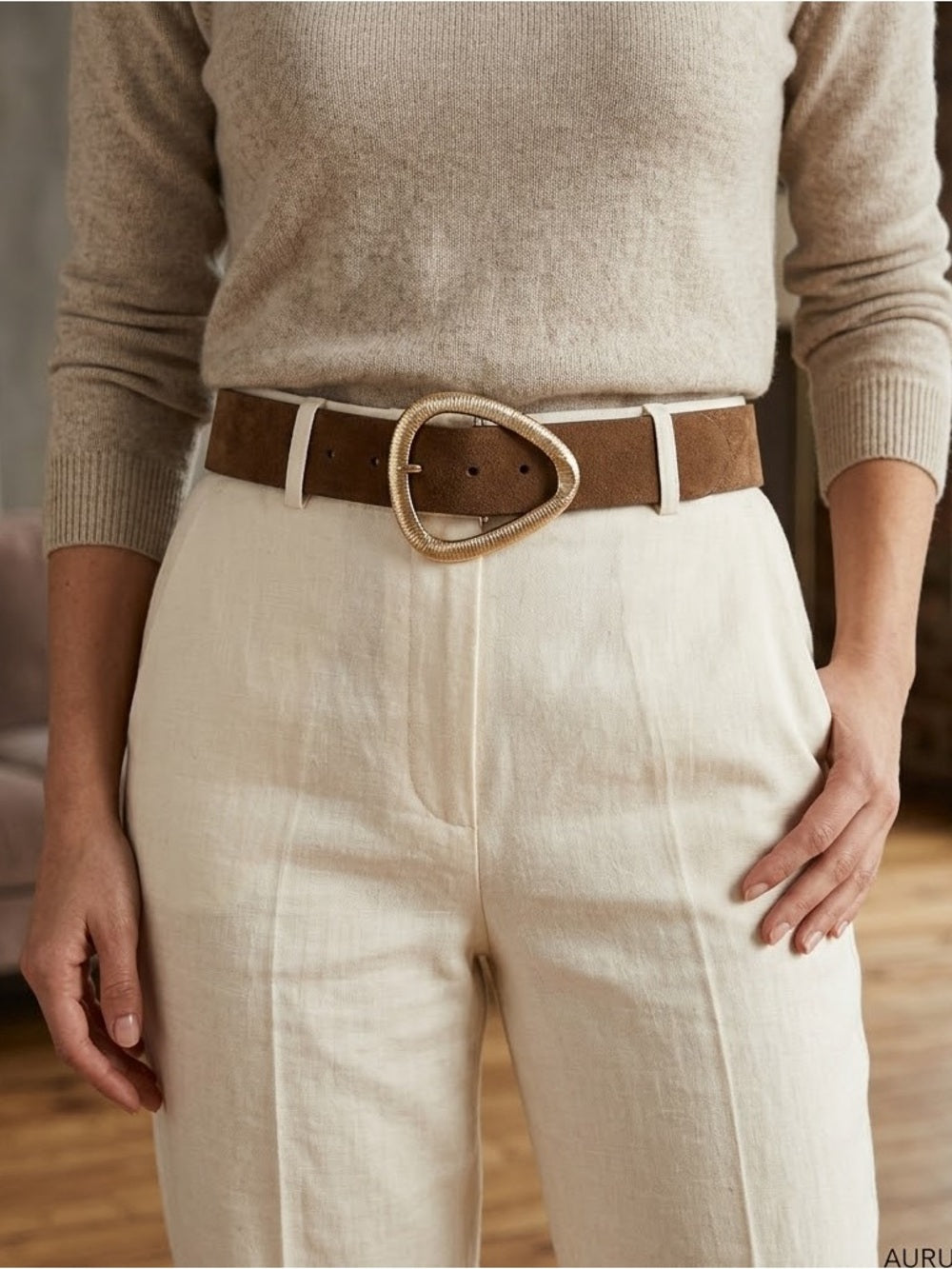 A486. Faux Brown Suede Leather Belt with Gold-Tone Buckle