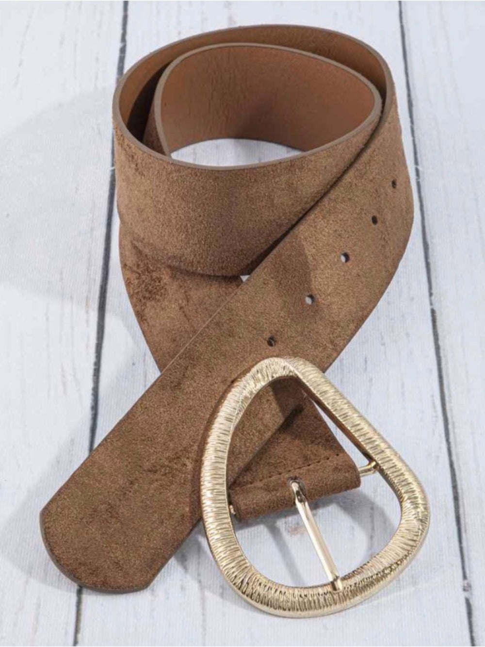 A486. Faux Brown Suede Leather Belt with Gold-Tone Buckle