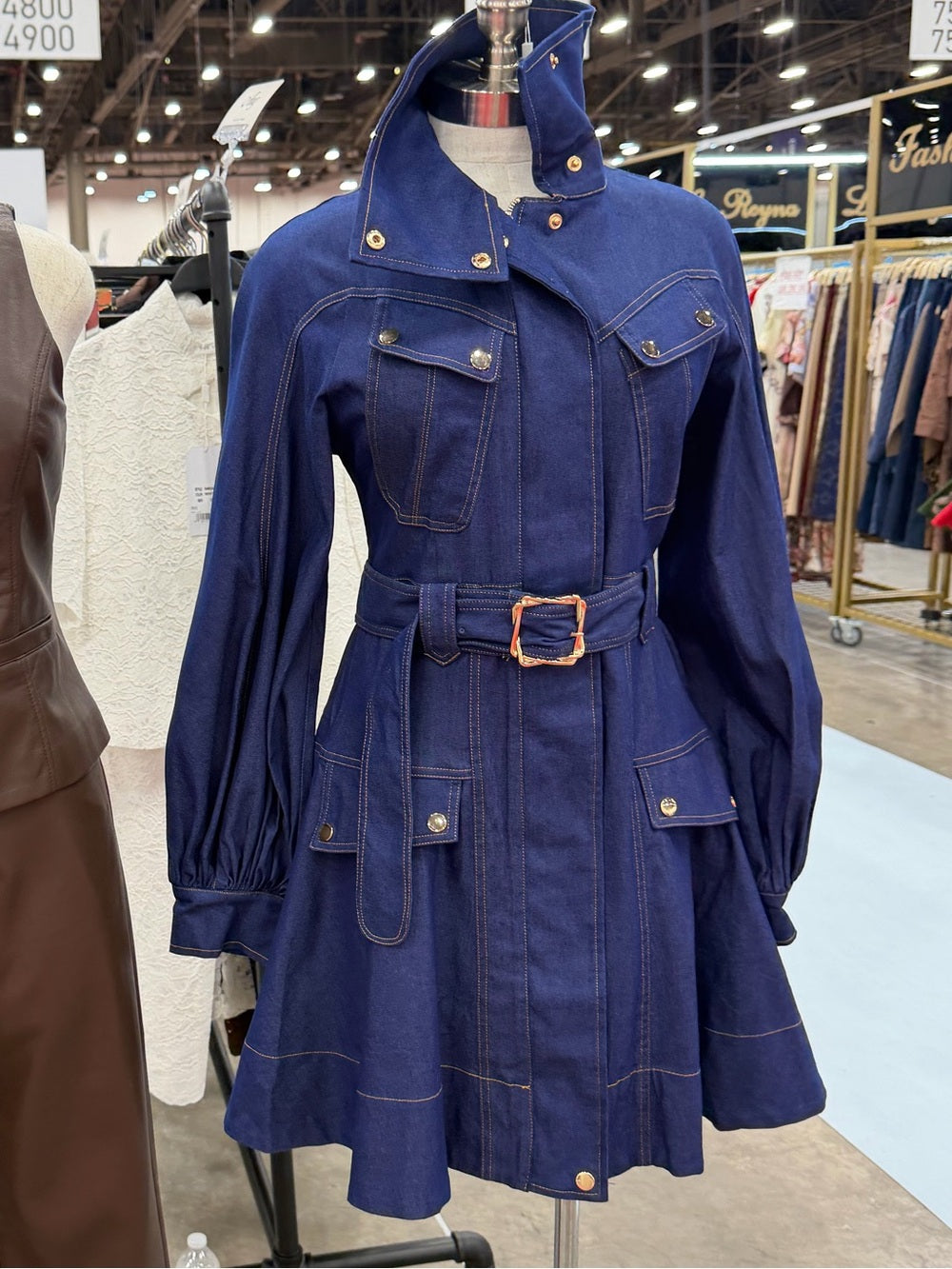 A487. "Zimmermann" Style Dark Blue Denim Belted Jacket Dress