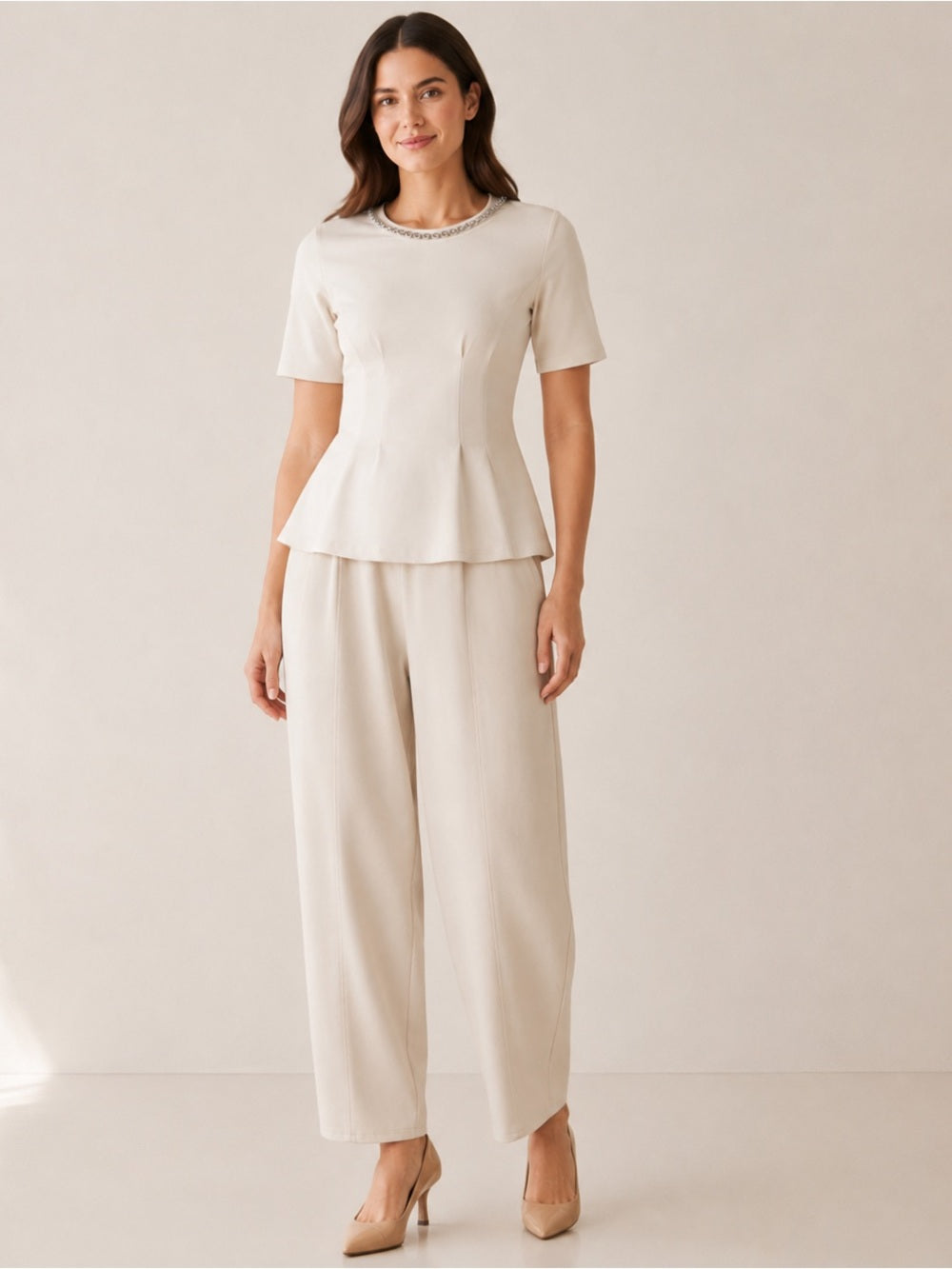 A488. Cream Wide-Leg Classy Pants & Silver Beaded Pleated Top Set