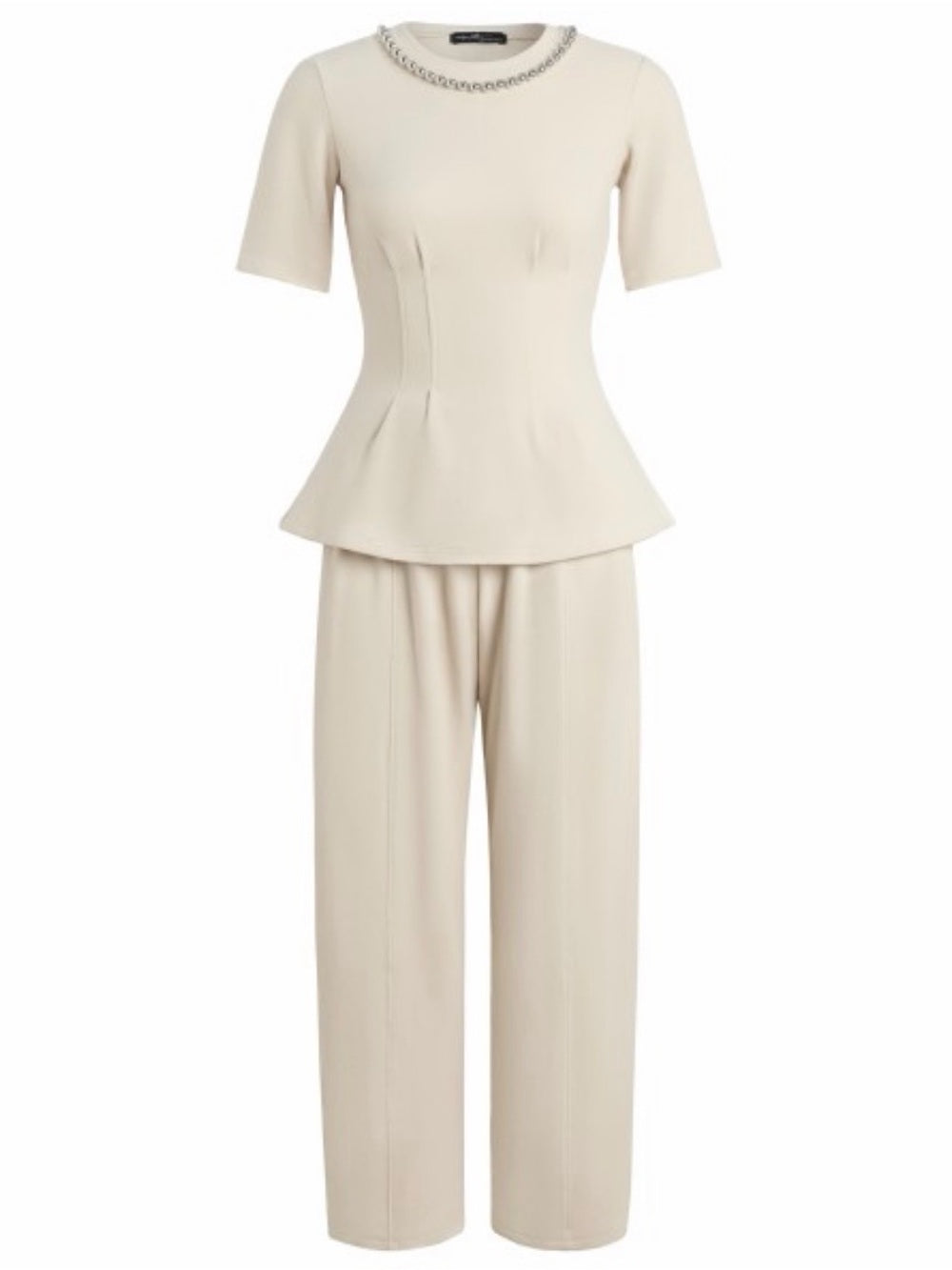 A488. Cream Wide-Leg Classy Pants & Silver Beaded Pleated Top Set