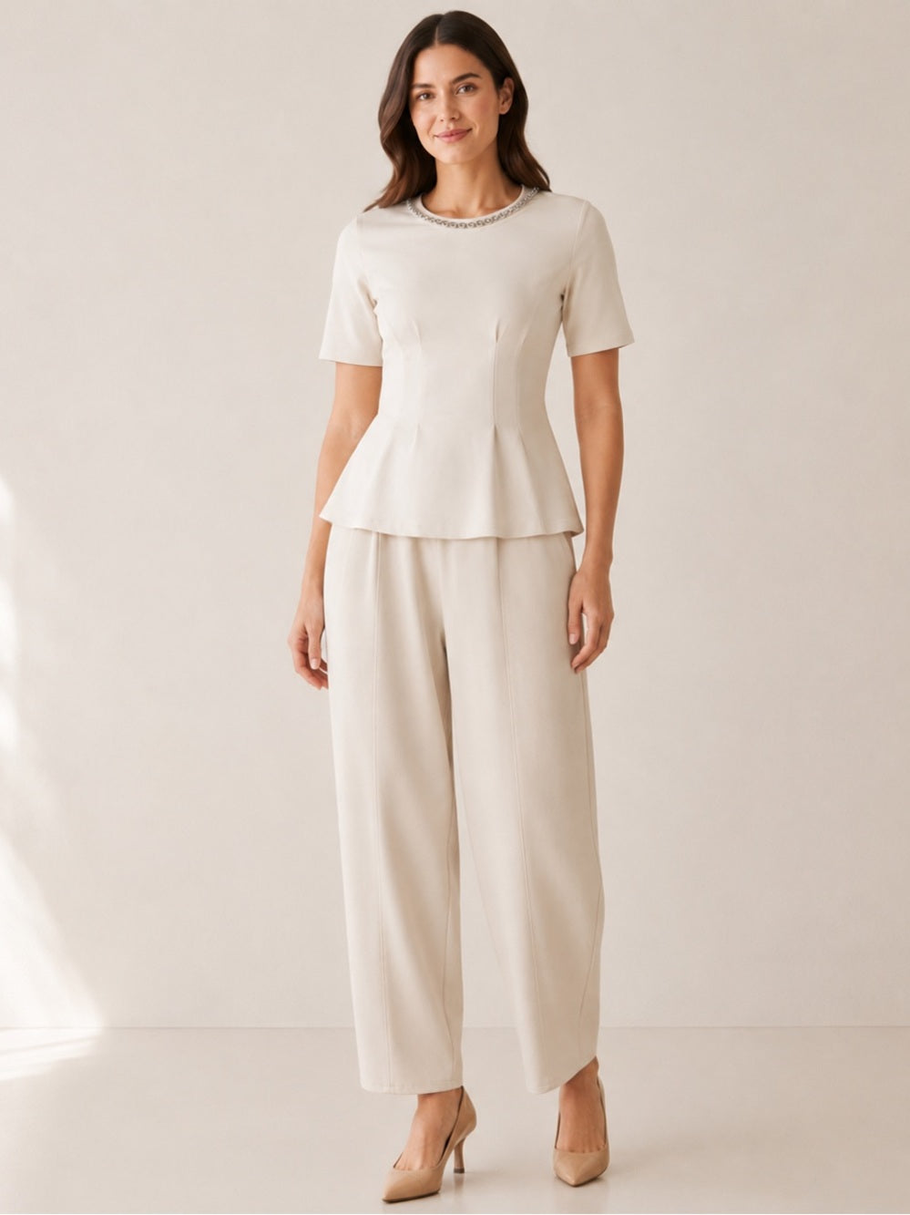 A488. Cream Wide-Leg Classy Pants & Silver Beaded Pleated Top Set