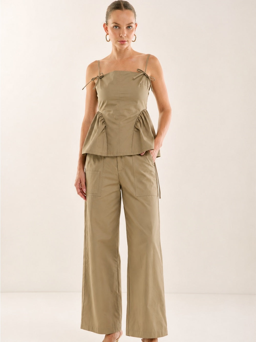 A489. Women's Khaki Wide-Leg Pants & Top Set