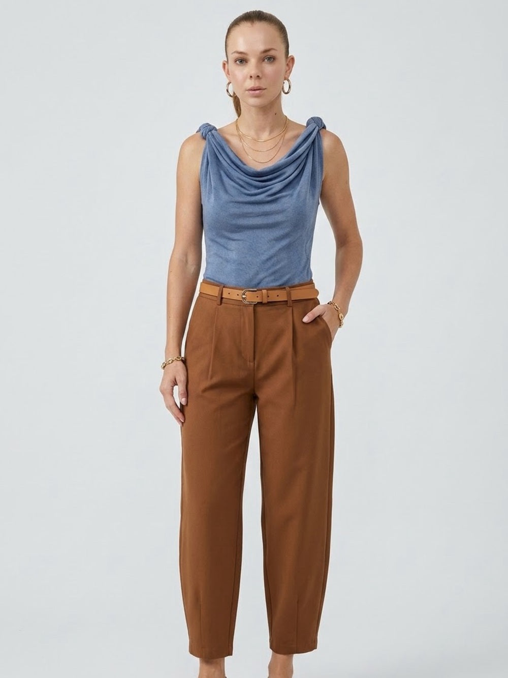 A490. Draped Neck Knotted Sleeveless Top in Sky Blue