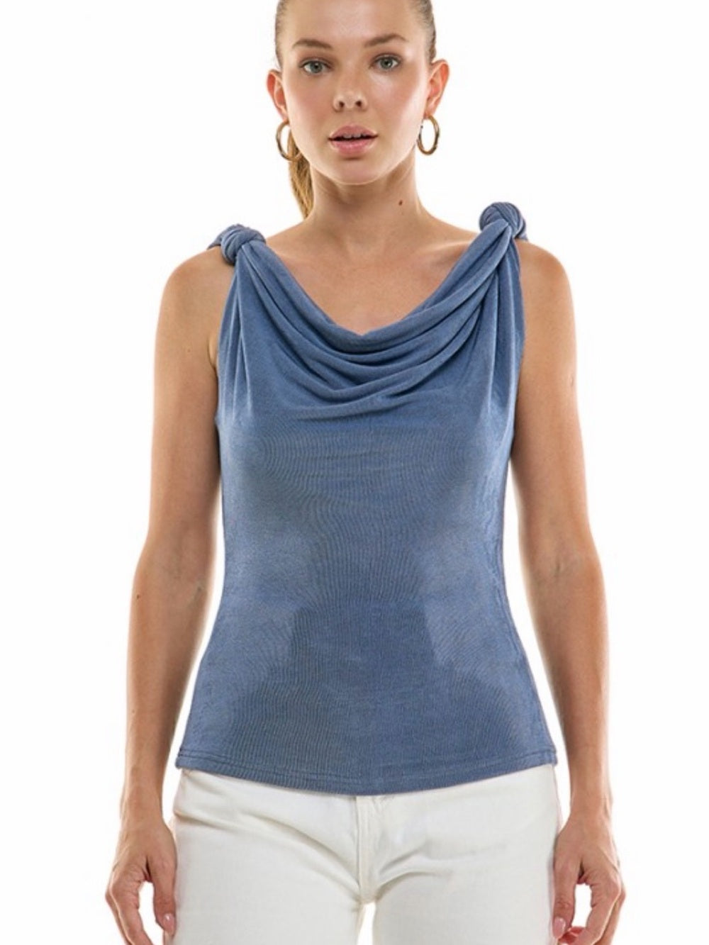 A490. Draped Neck Knotted Sleeveless Top in Sky Blue