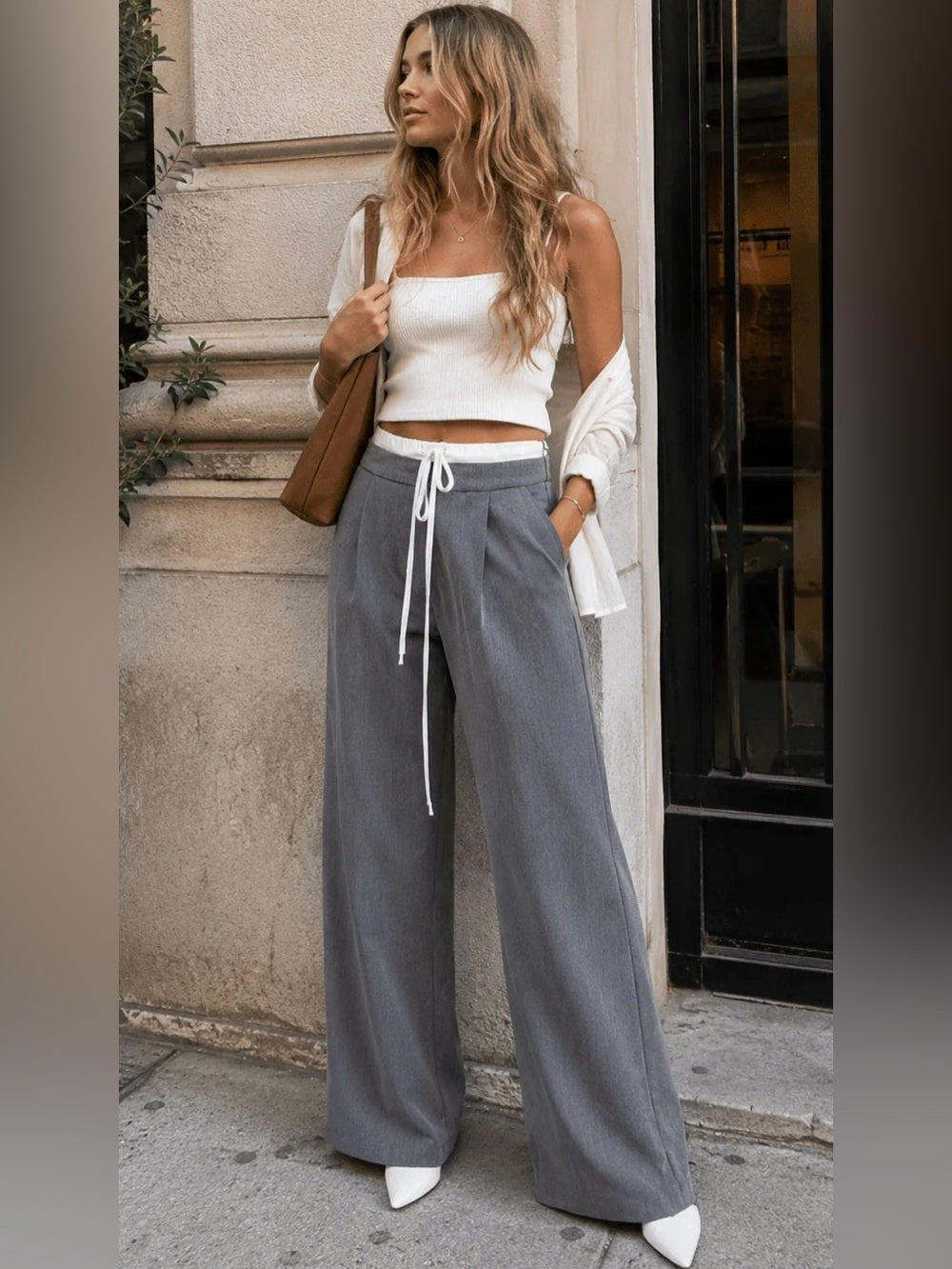 A491 Wide Leg Drawstring Pants in Gray